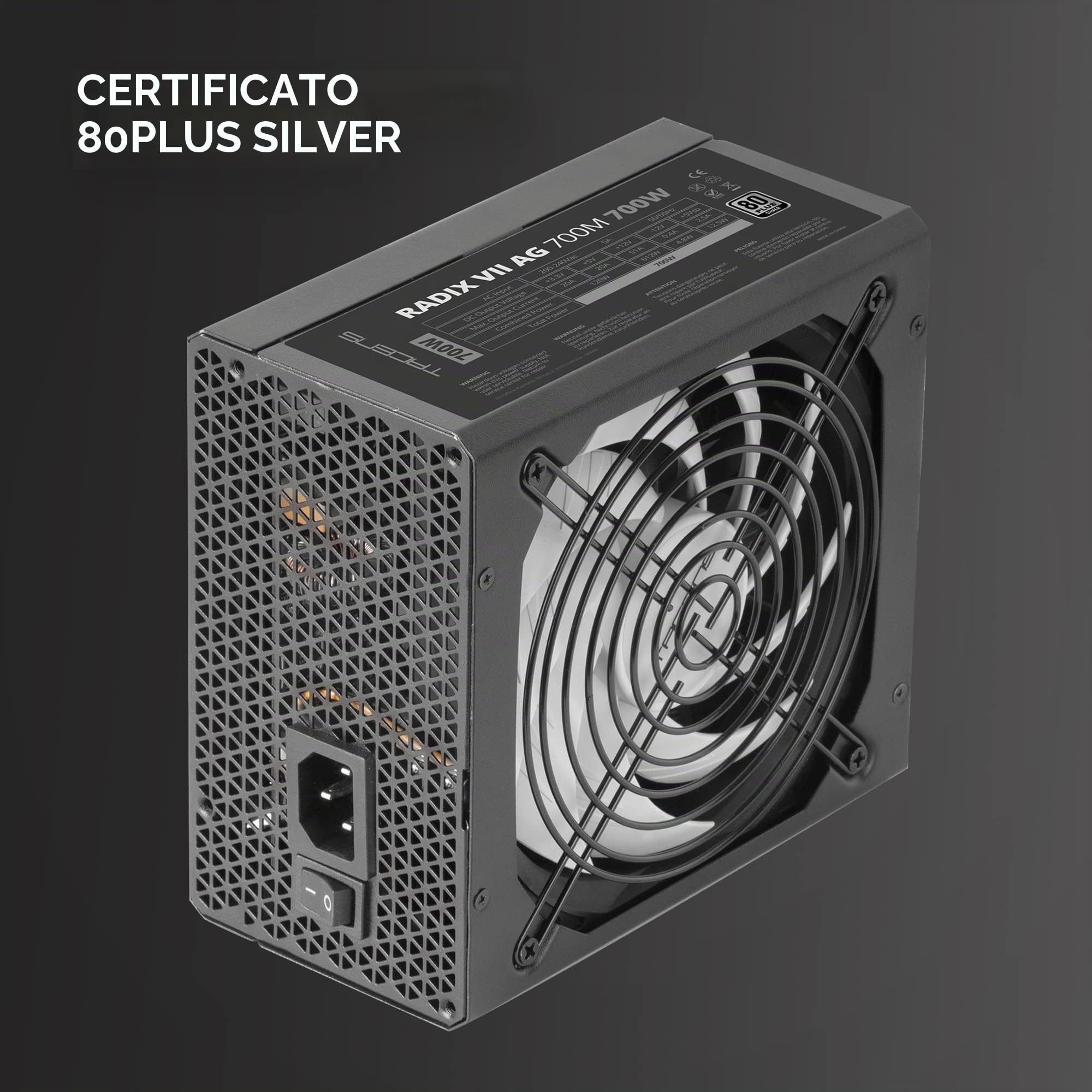 Tacens RADIX VII AG 700, Alimentatore Full Modulare 700W ATX, 10 Anni Garanzia, 80Plus Silver, +87% Di efficienza, Ventola FDB da 140 mm con Tecnologia AI-RPM, Condensatori Giapponesi da 105º, Nero