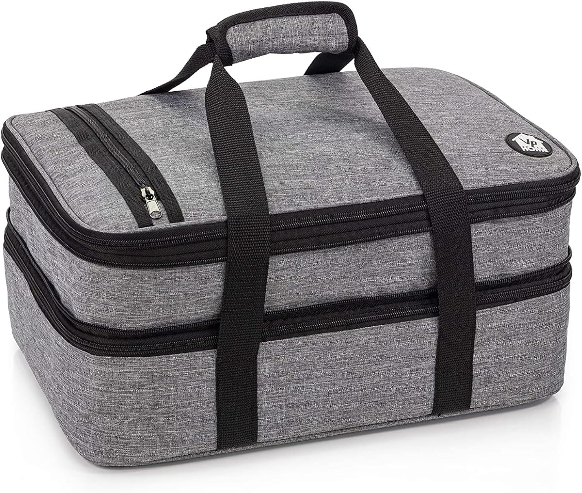 VP Home Large Casserole Carrier - Double Compartment Insulated Bag for Hot or Cold Food - Cupcake Carrier - Insulated Tote Bag with Lid for Travel Parties or Food Transport Containers - Heather Gray