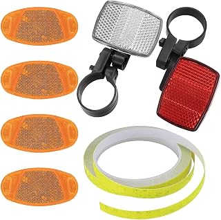 Zbssny Juego de reflectores para bicicleta, parte delantera blanca y trasera roja, 4 reflectores de radios de color naranja, cinta reflectante, soporte universal de hasta 33 mm