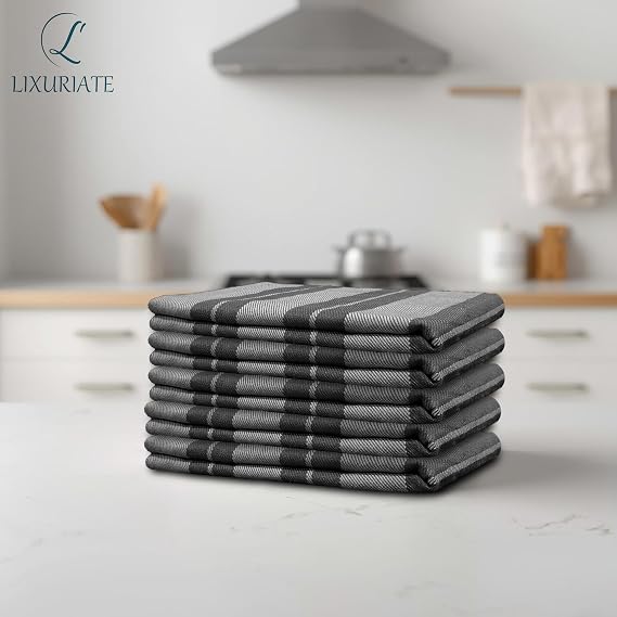 Stripe Designed Tea Towels for Kitchen - 100% Cotton | Super Absorbent & Quick Drying Hotel Quality Kitchen Towels Set | Machine Washable for Everyday Use (Grey & Dark Grey, 5 Pack)