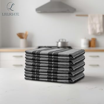 Stripe Designed Tea Towels for Kitchen - 100% Cotton | Super Absorbent & Quick Drying Hotel Quality Kitchen Towels Set | Machine Washable for Everyday Use (Grey & Dark Grey, 5 Pack)