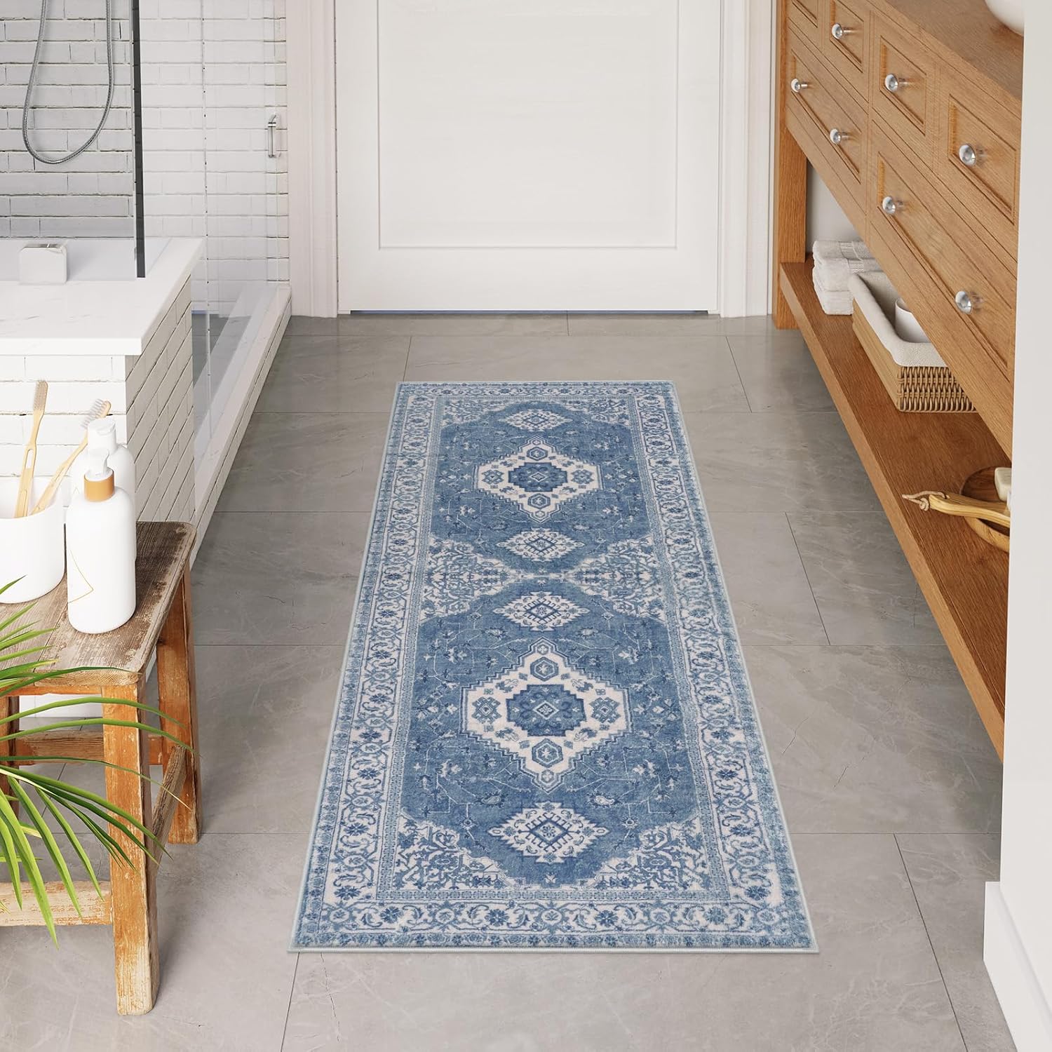 Seavish Vintage Blue Bathroom Runner Rug, 20x47 Inch Boho Farmhouse Distressed Soft and Absorbent Bath Mat, Non Slip Washable Large Bathroom Rugs for Sink Vanity Tub Laundry Room