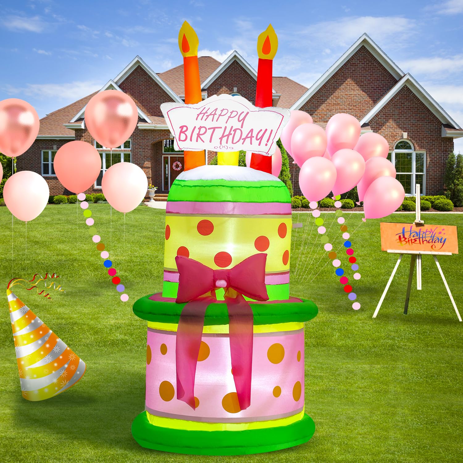 6ft Birthday Party Outdoor Inflatable Decoration, Birthday Cake Inflatable Decoration, Outdoor Inflatable Decoration with LED Light, Outdoor Inflatable Decoration for Garden, Yard, Lawn