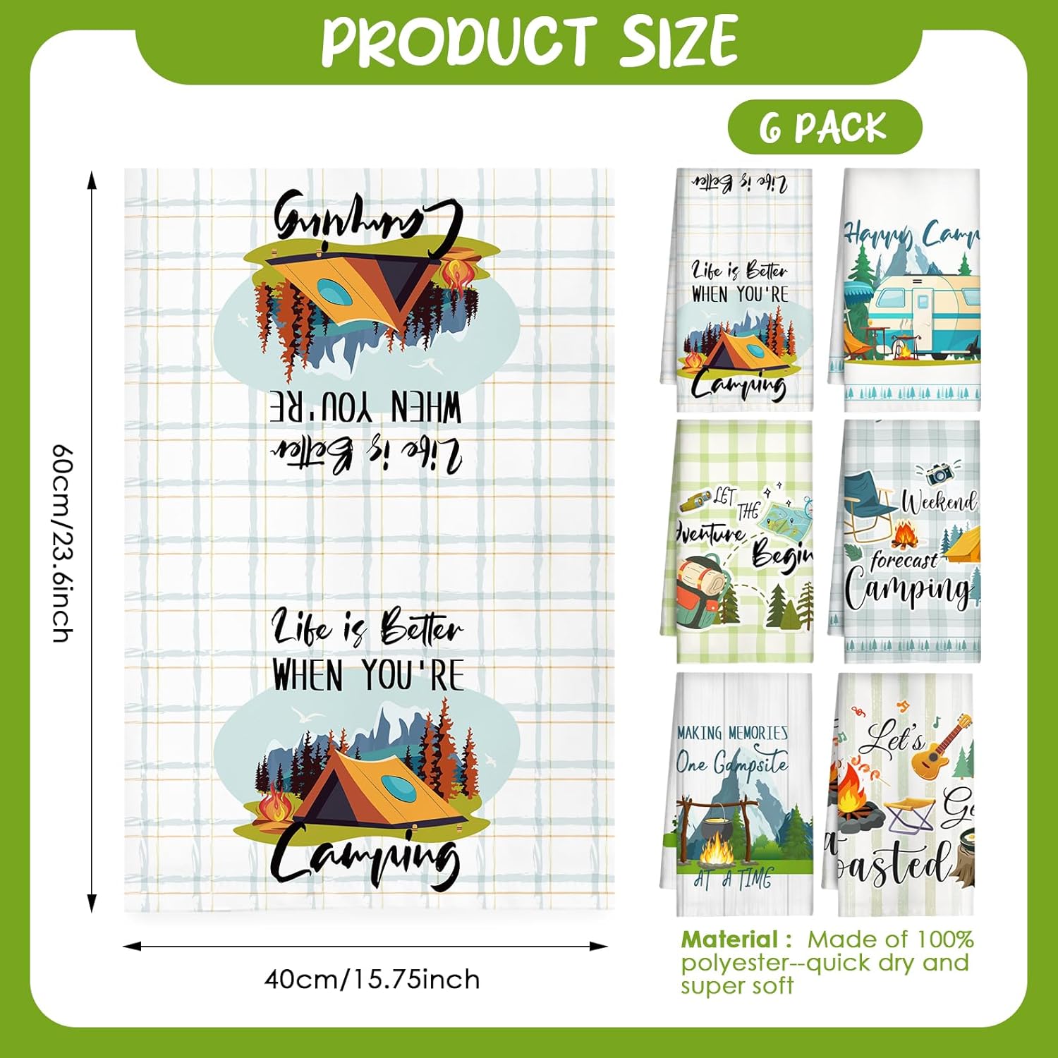 Camping Kitchen Towels Decor - Set of 6 Happy Camper Must Haves Tea Towels Absorbent Dish Hand Towel Funny Sayings Novelty Gifts Accessories for Inside Rv Campers Cooking Baking Cleaning - Image 6
