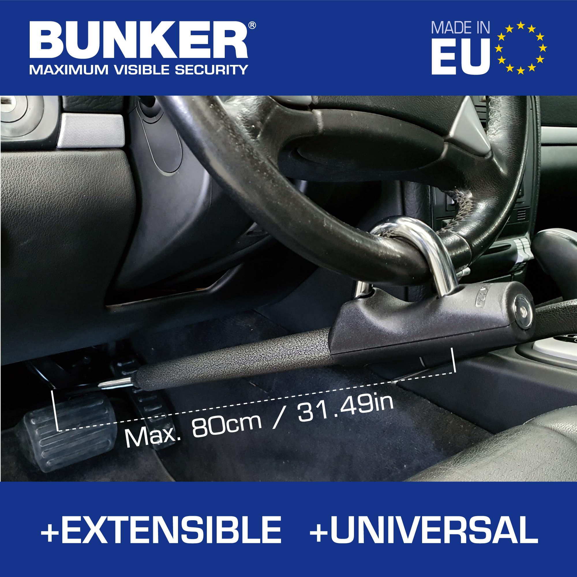 BUNKER BB83B Lenkradkralle Anti-Diebstahl, Gehärtete Schaukel, Hohe Sicherheit, Universal Max 83cm