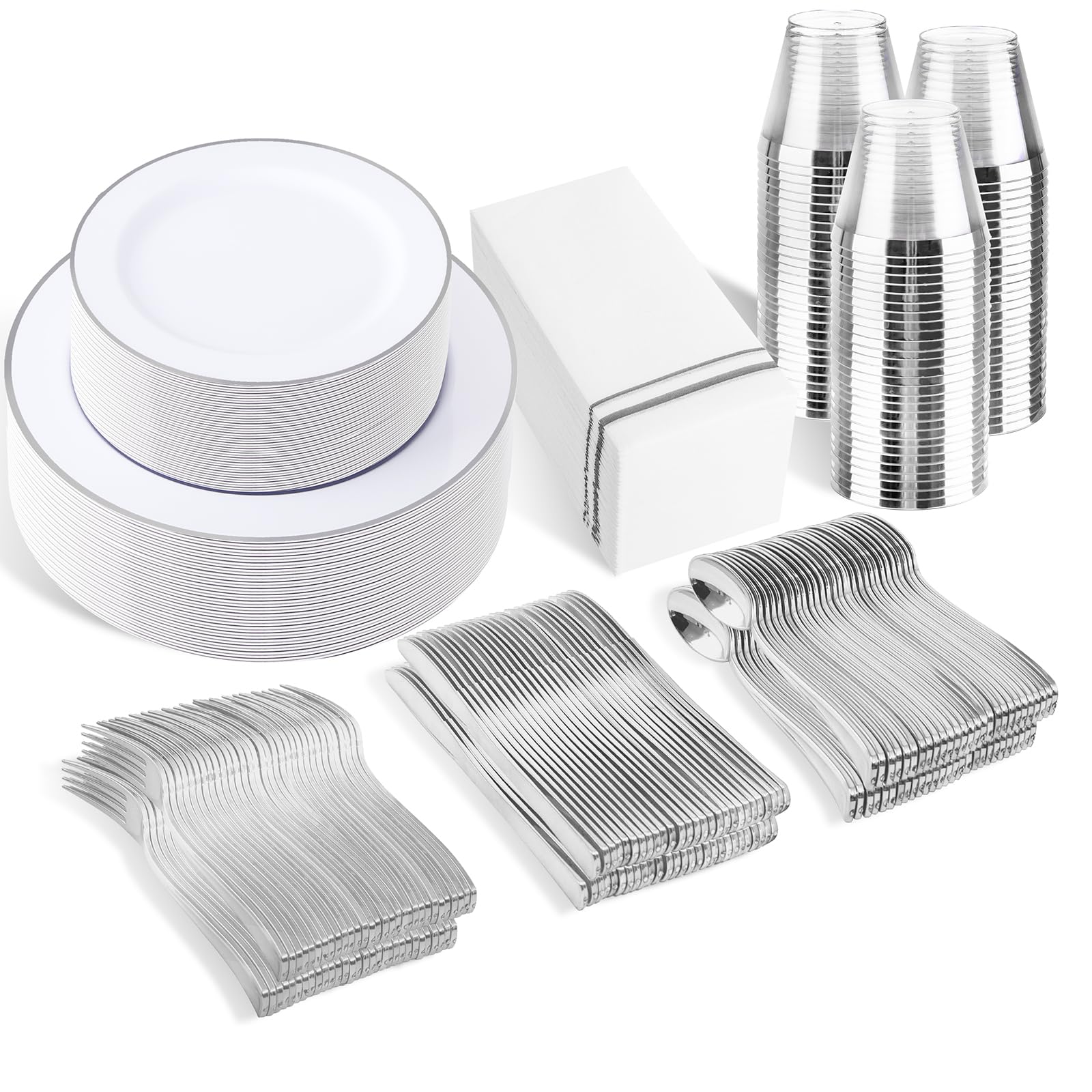 SUT 350 Piece Silver and White Plastic Dinnerware Set for 50 Guests, Disposable Plastic Plates, Include: 50 Dinner Plates, 50 Dessert Plates, 50 Pre