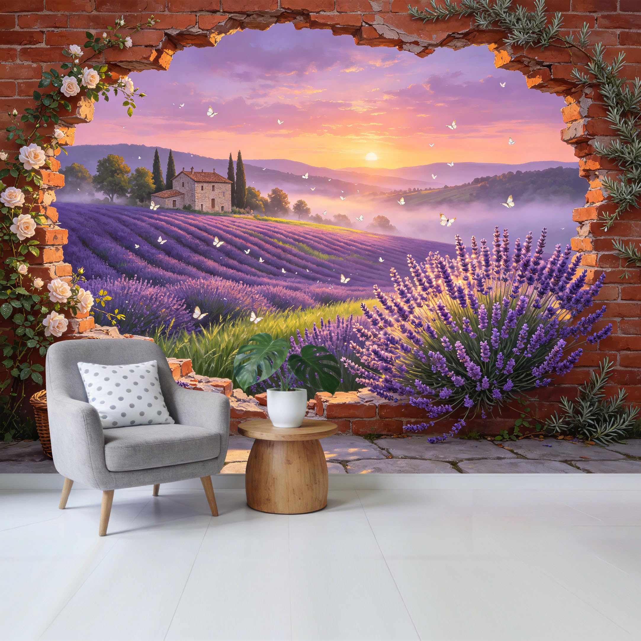 Custom Size Wall Mural Lavender Field Sunset Landscape Brick Window View Removable Self Adhesive Fabric Home Wall Decor for Living Room Bedroom Bathroom