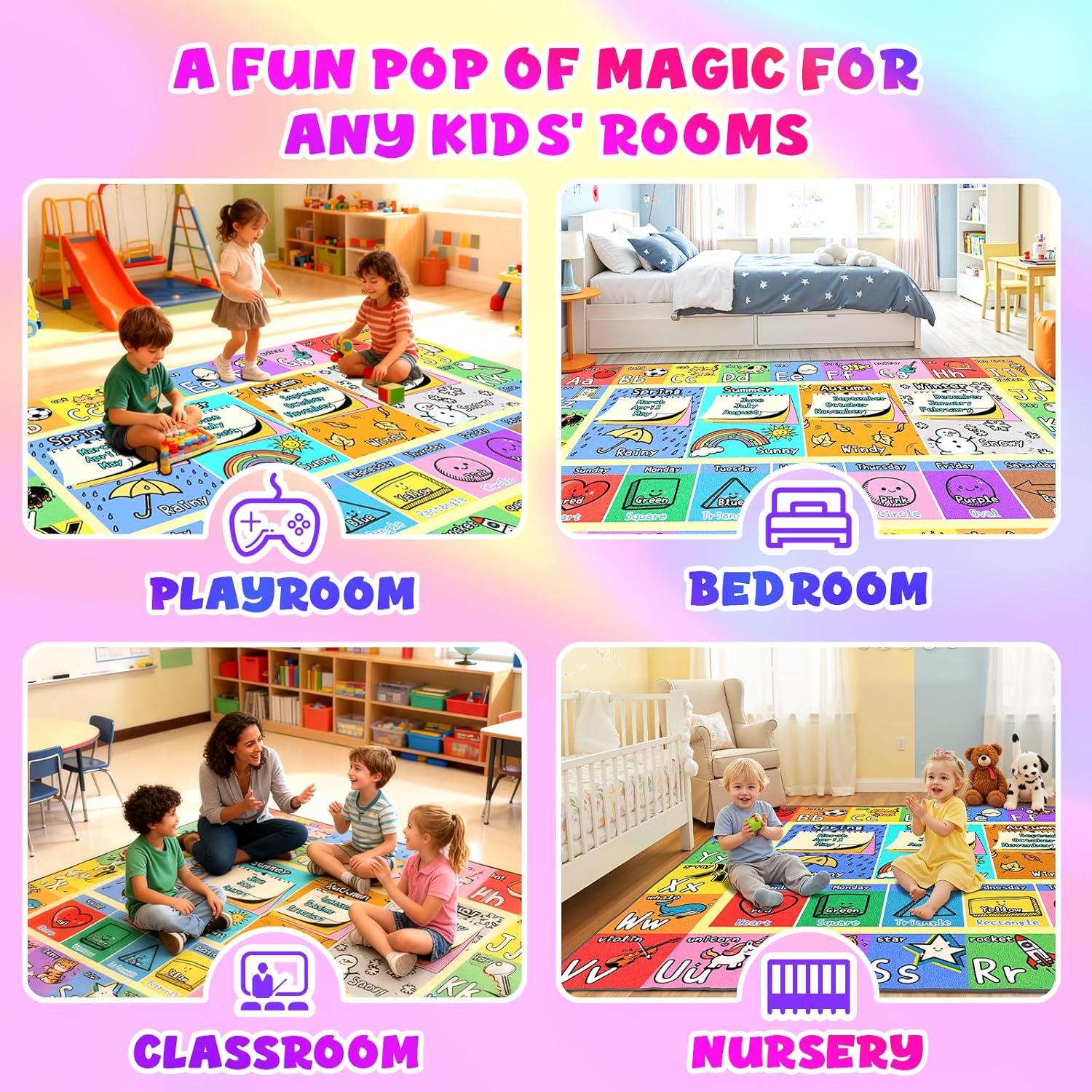 ABC Kids Playroom Rug 4x6 - Soft & Non-Slip Educational Play Mat, Preschool Classroom, Daycare Rug with ABCs, Colors, Shapes, Seasons, Washable Playmat for Toddler Nursery & Kids Room (48x72 Inch)