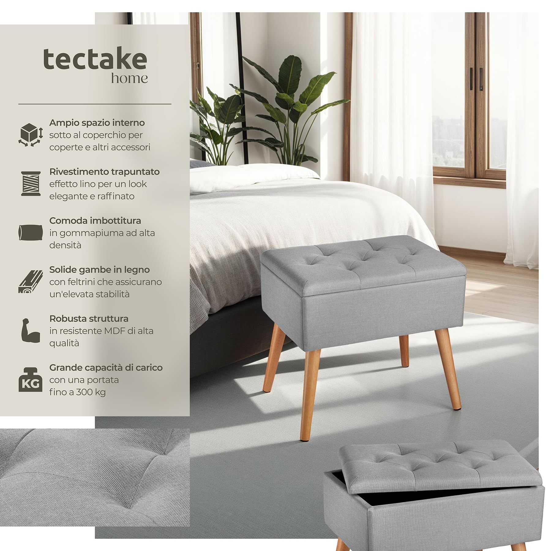 tectake® Panchina Imbottita, Rivestimento Effetto Lino, Scomparto Interno, Gambe in Faggio Massiccio, Capacità 300 Kg, Misure 51x37,5x45,5 cm - Grigio Chiaro