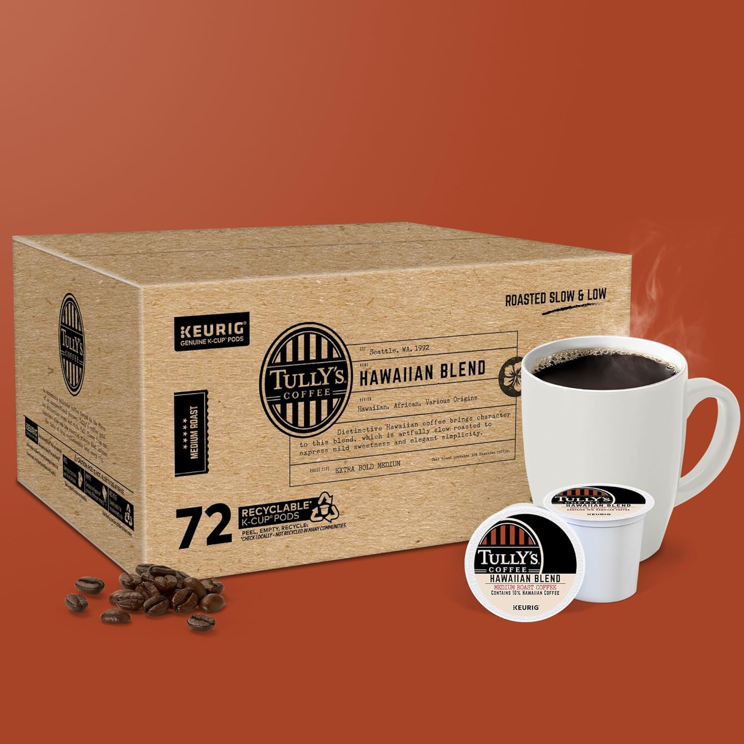 Tully's Coffee Hawaiian Blend Keurig Single-Serve K-Cup Pods, Medium Roast, 72 Count Hawaiian Blend 72 Count (Pack of 1)