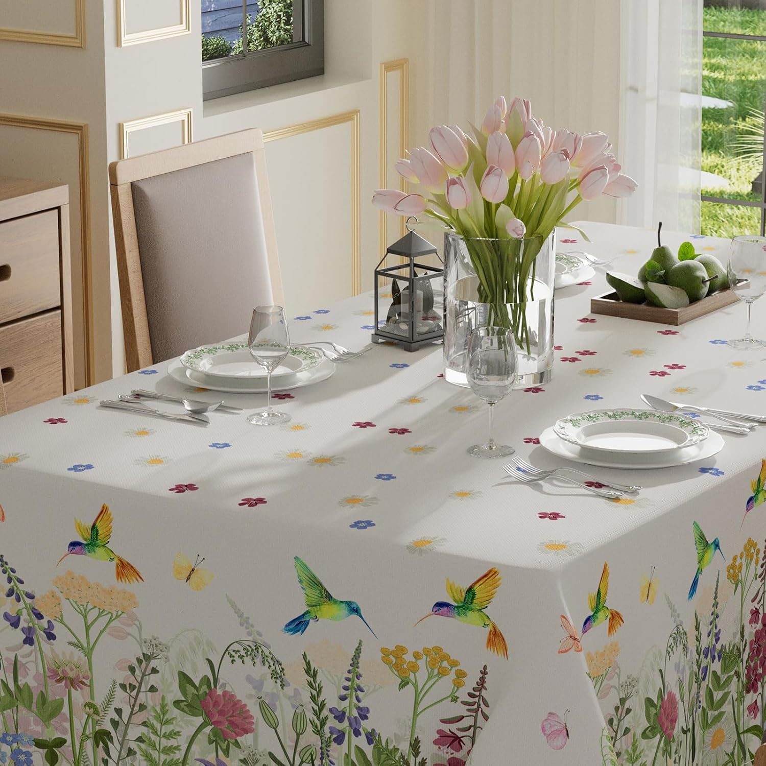 XCHI Wildflowers Daisy Hummingbirds Spring Tablecloth Rectangle Summer Table Cloth Washable Table Covers for Indoor Dining Home Party Decorations 60x120 Inch