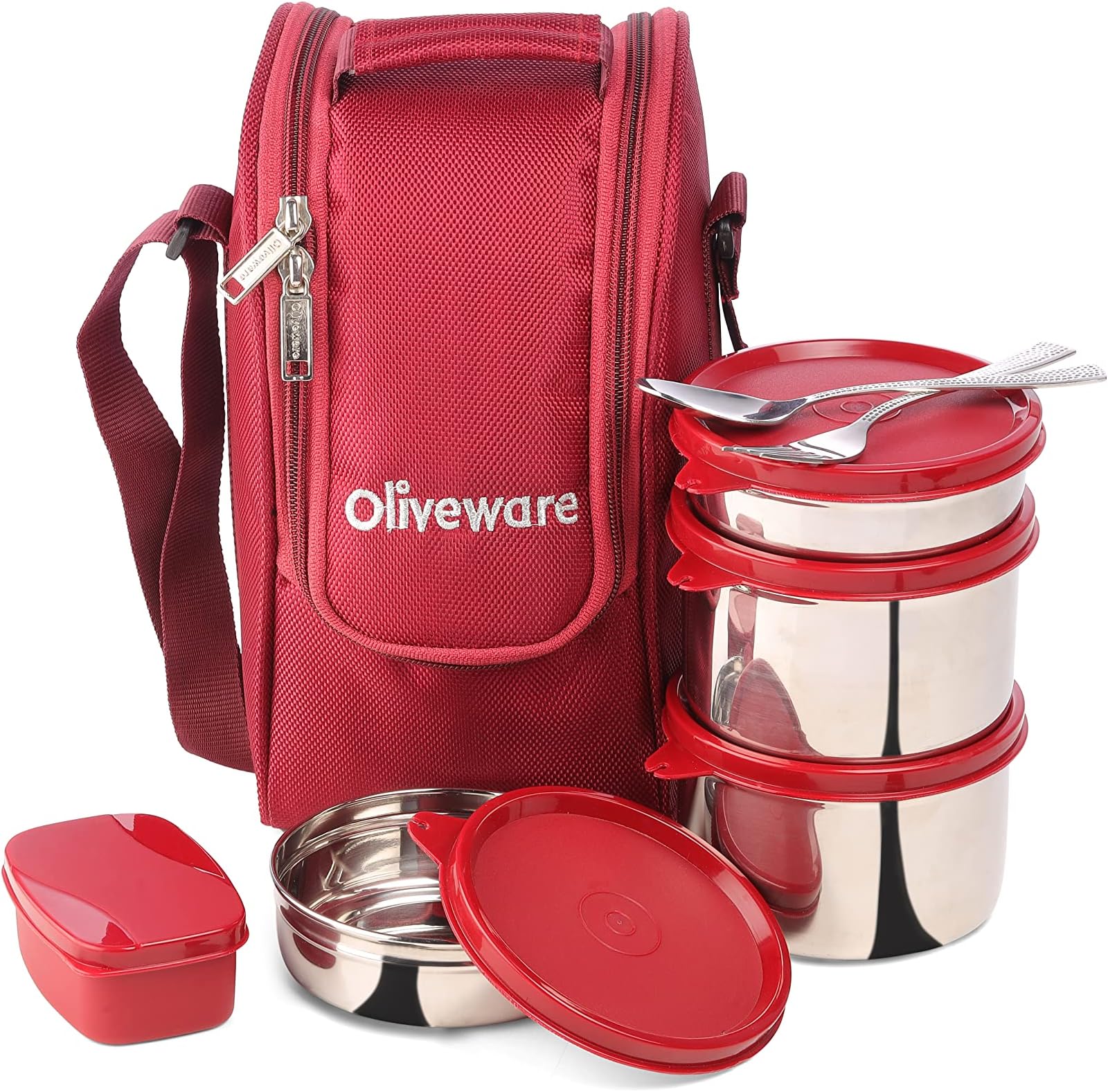 SOPL-OLIVEWARE Executive Lunch Box, 100% Leak Proof, 4 Stainless Steel Containers with BPA Free Lids (2x300ml & 2x600ml), Plastic Pickle Box (130ml), Steel Cutlery, Fabric Bag (Red)