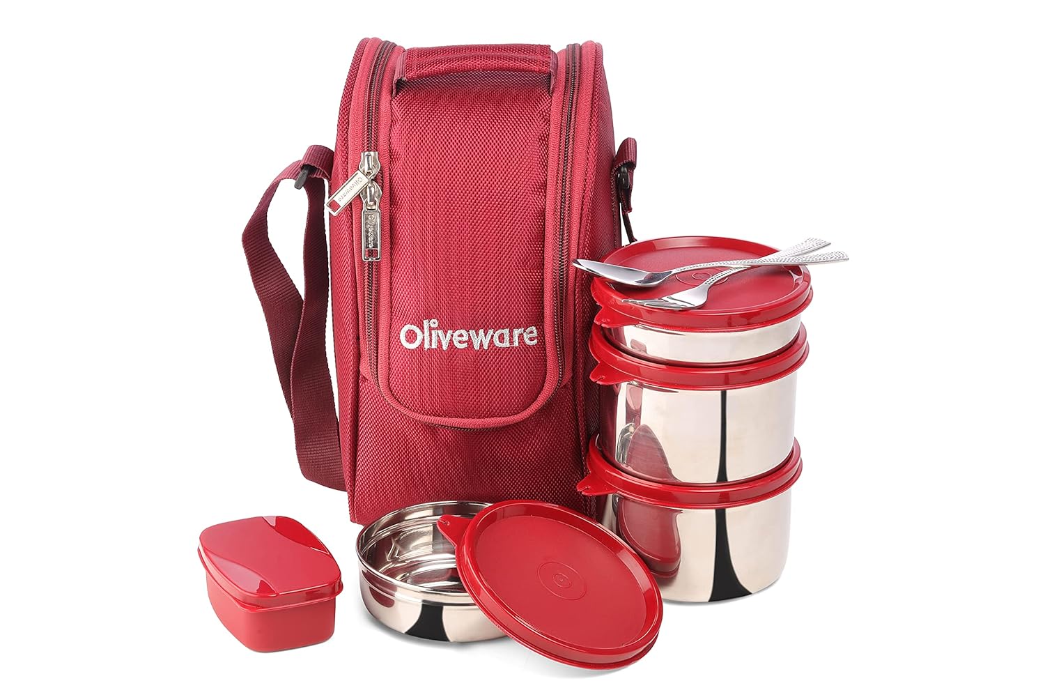 SOPL-OLIVEWARE Executive Lunch Box, 100% Leak Proof, 4 Stainless Steel Containers with BPA Free Lids (2x300ml & 2x600ml), Plastic Pickle Box (130ml), Steel Cutlery, Fabric Bag (Red)