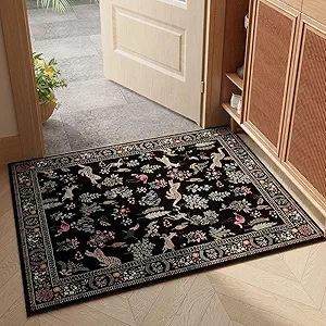 Door Mat Indoor Entrance 2x3 Rug Machine Washable Boho Floral Animal Small Area Rug Non-Slip Low Pile Throw Rugs for Entryway, Kitchen, Front Door Indoor Entrance, Entry, Kids Room (Black)