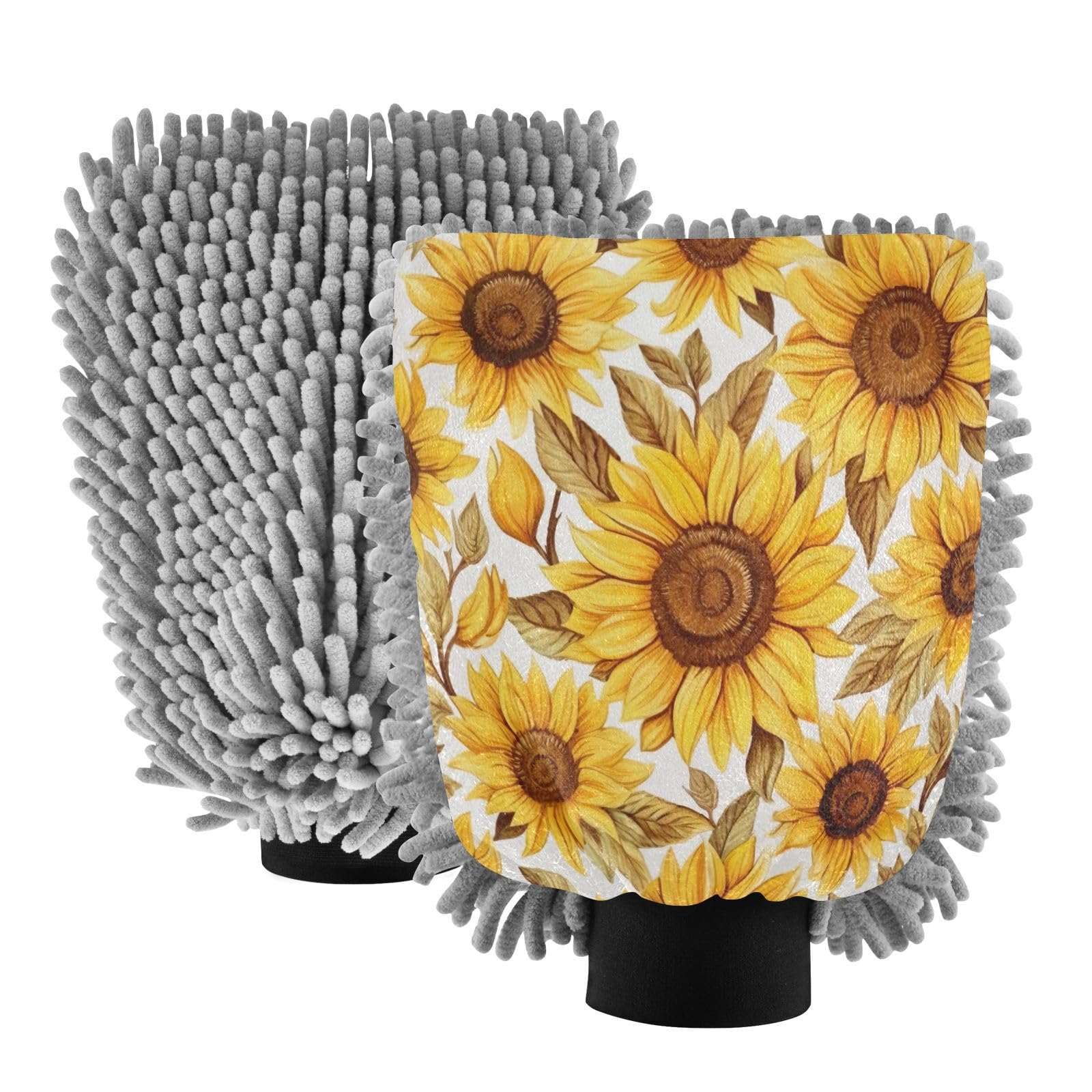 Flradish 2 Pack Vintage Sunflower Car Wash Mitt Chenille Microfiber Lint-Free Scratch Free Ultra-Soft Absorbent Car Wash Mitt 11.8x8.07 Inch
