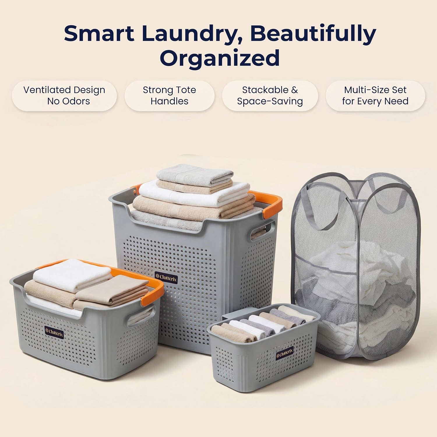 Laundry Basket Set with Handles, 3 Ventilated Plastic Baskets (30L, 17L & 4L Clip-On) and 55L Collapsible Mesh Hamper, Nestable Storage Design (Gray)