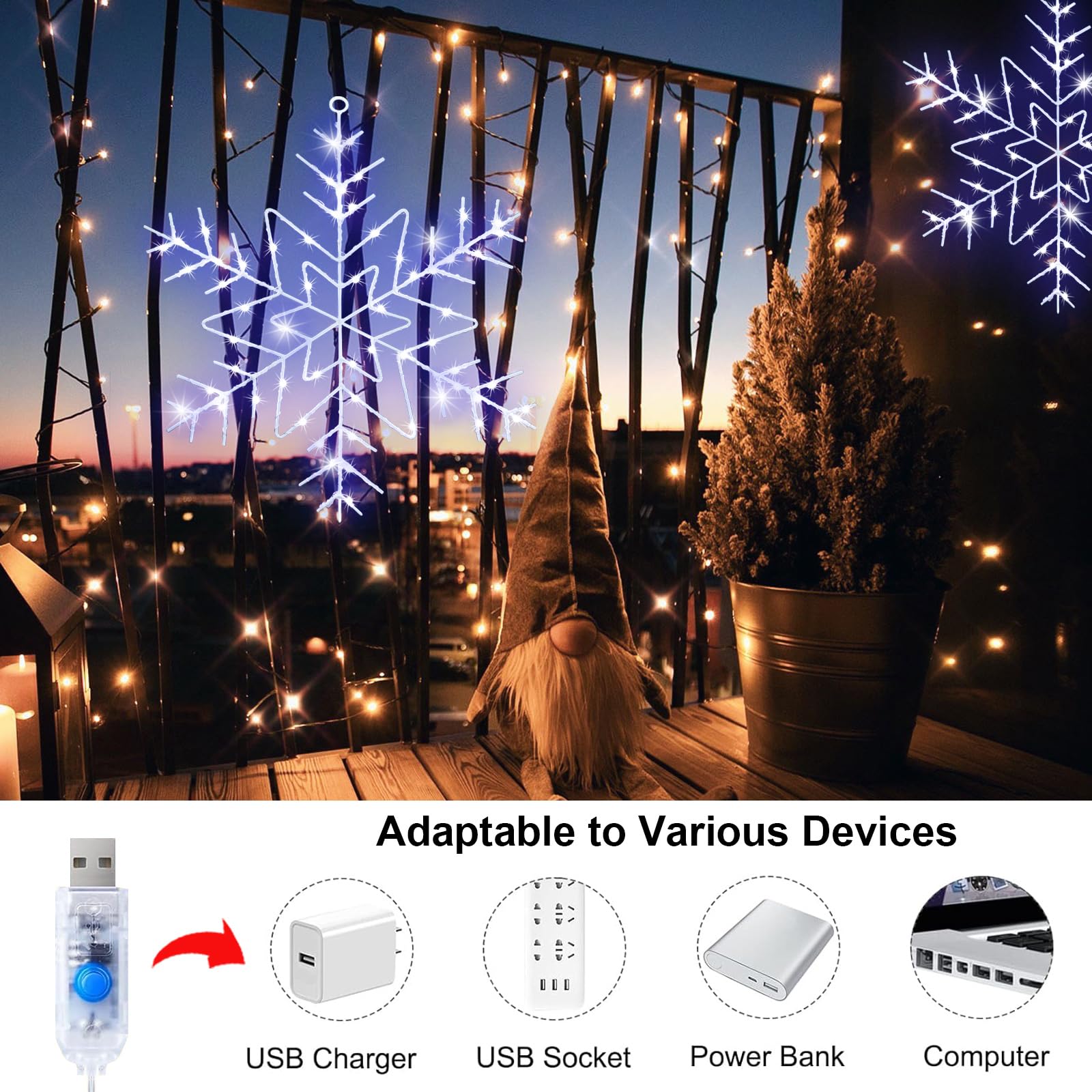 Weihnachts-Fensterlichter, 72 LEDs, 8 Beleuchtungsmodi, kaltweiße Schneeflocken-Lichter, große Schneeflocke, beleuchtete Dekorationen mit Fernbedienung, Timer, USB-betrieben für Zuhause (2 Stück)