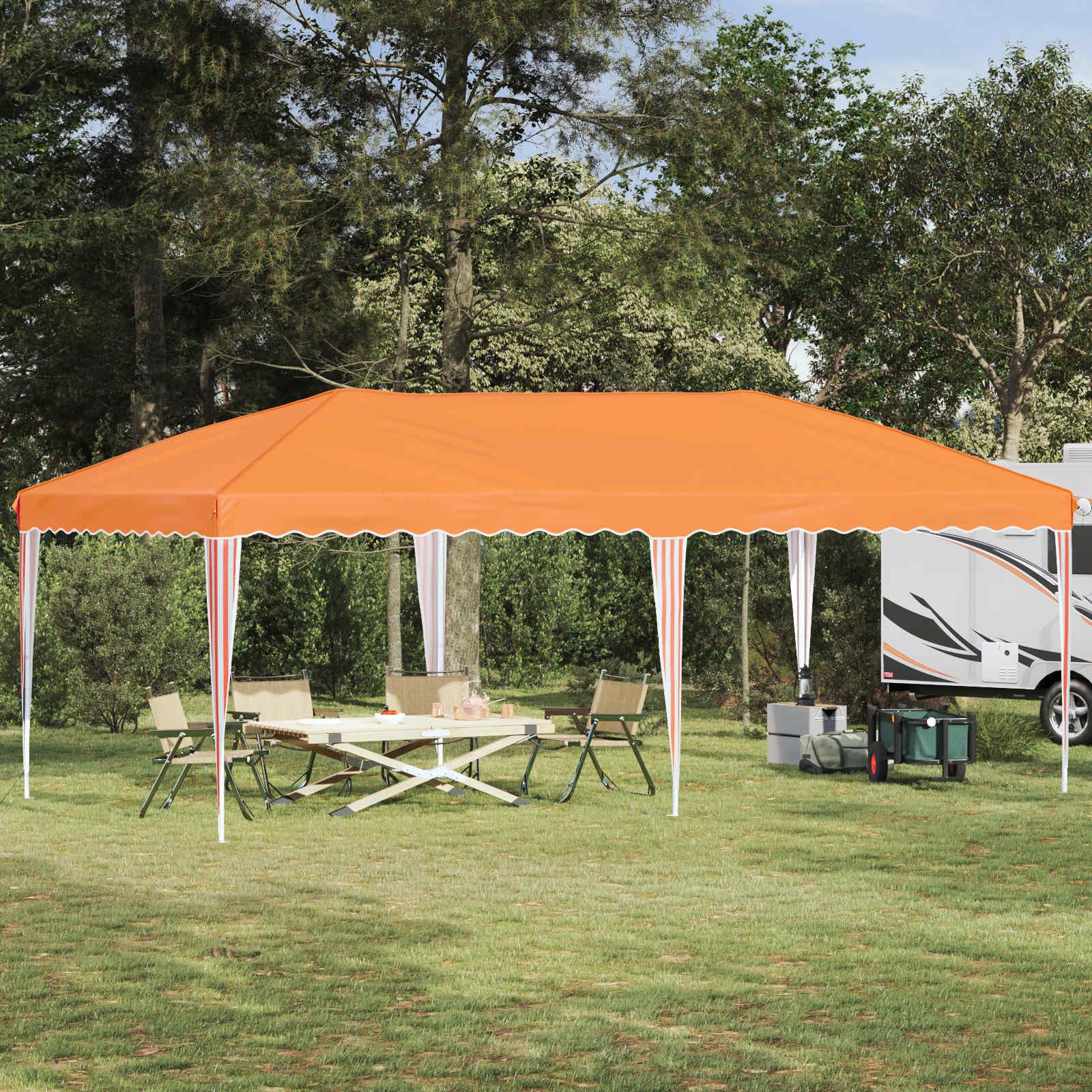 Namiot imprezowy Pop-up 575 x 290 x 245 cm, pomarańczowy, z malowaną proszkowo stalową ramą, odporny na warunki atmosferyczne, odporny na działanie promieni UV, składany i z regulacją