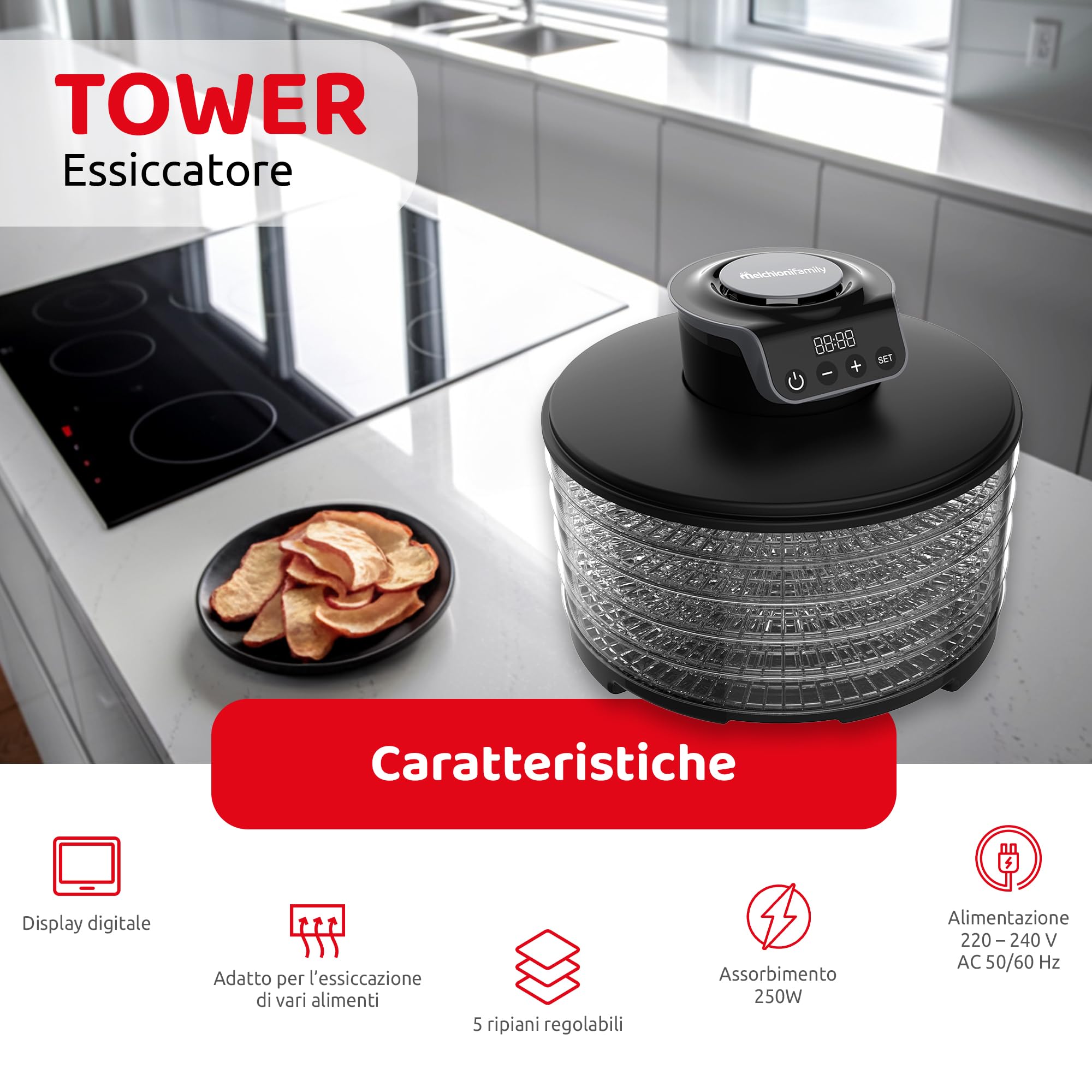 Melchioni Family | Essiccatore digitale TOWER, 5 ripiani regolabili, essiccazione di frutta, verdura, funghi 250W Alimentazione: 220-240V ~ 50/60Hz