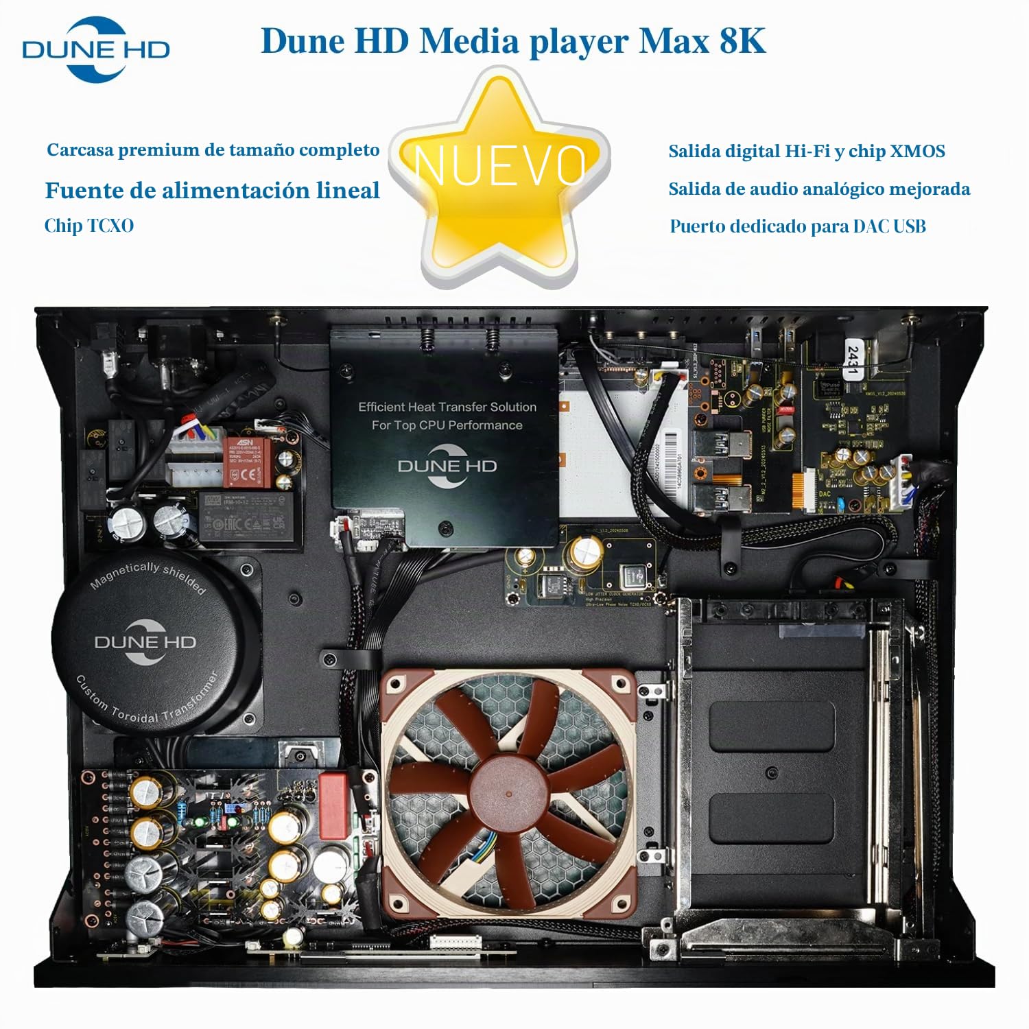 Dune HD MAX 8K, Full-Sized Reproductor Multimedia, Android Box, D Vision, Atmo, HDD Rack, Linear PSU, TCXO, Hi-Fi I2S-E Output, Hi-Fi S/PDIF Output, 8Gb/64Gb