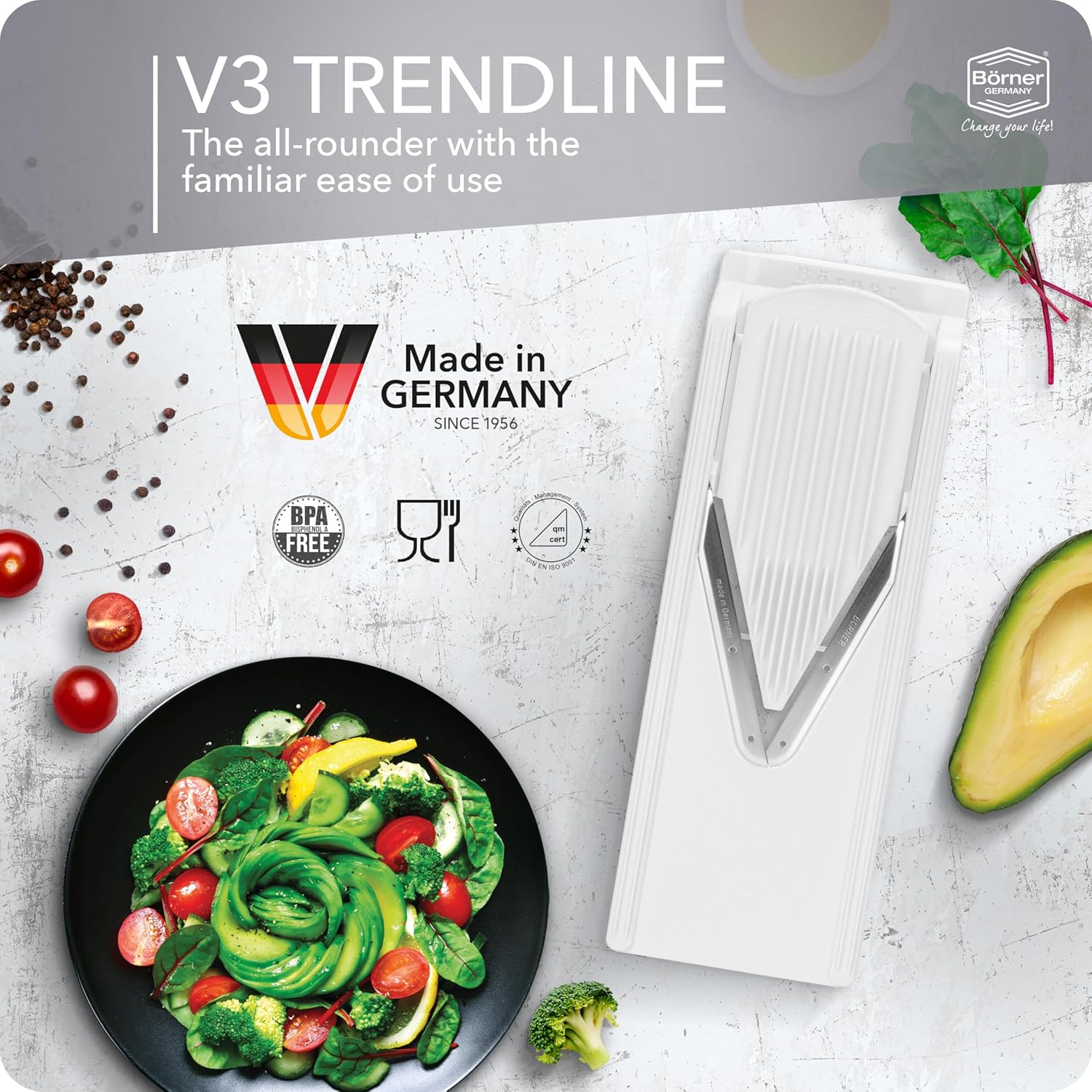 Börner Mandoline Slicer V3 (Starter Set) • V-Slicer for 5 Cutting Styles with Fruit Holder • Adjustable Vegetable Slicer for Vegetables & Fruits • Stainless Steel V-Blade • Color: White