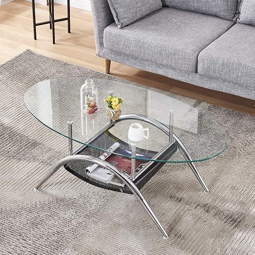Miniatura 10 de BELIFEGLORY - Mesa de centro ovalada redonda de cristal templado mesa central moderna de cristal templado mesa auxiliar de cóctel para sala de estar