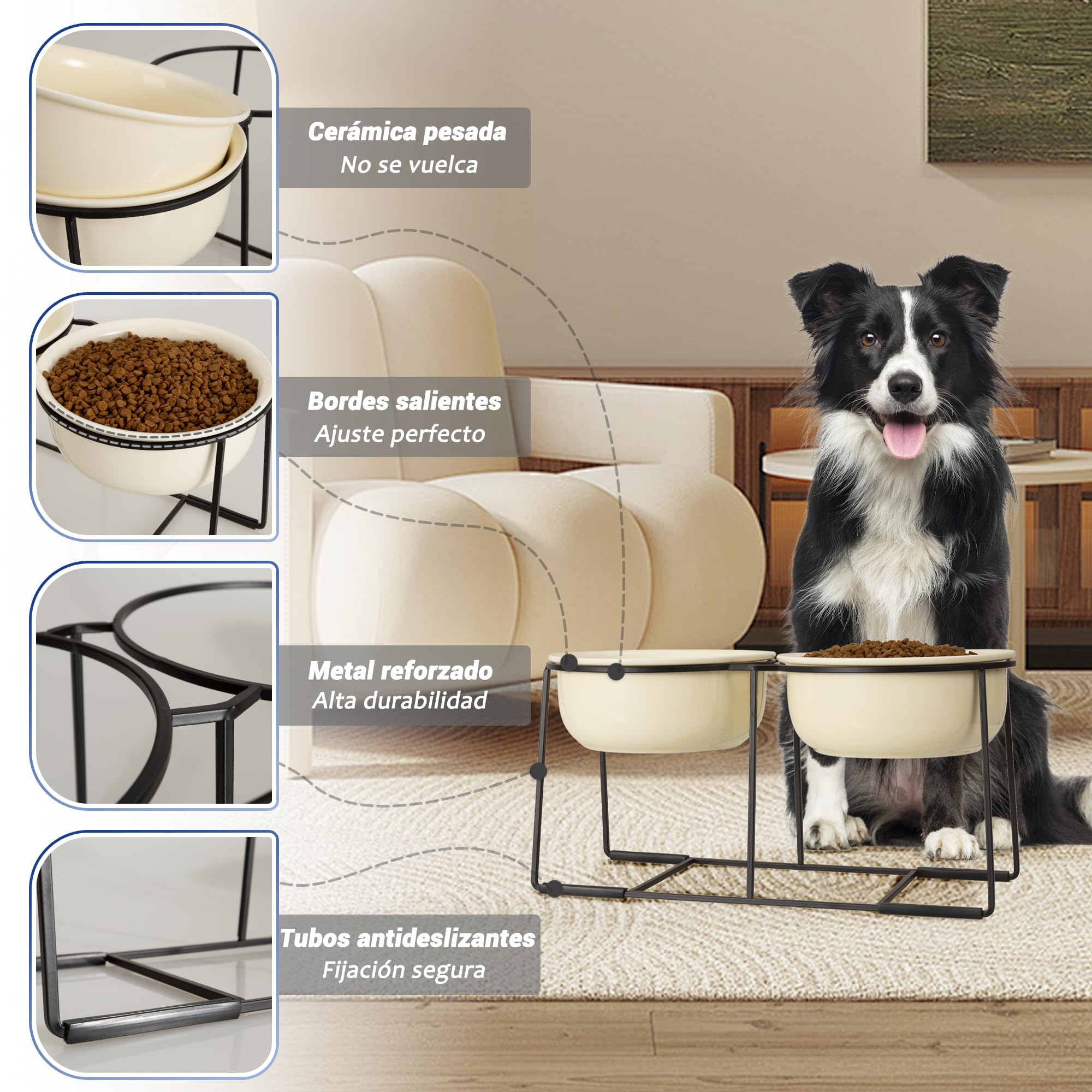 AHX Comedero Perro Elevado Bebedero Perros-Cuenco Perro Doble Ceramica con Soporte Antideslizante-Comederos Elevados para Perros-Set de Bol Comida y Agua para Perros Medianos y Grandes-2 x 1600 ml