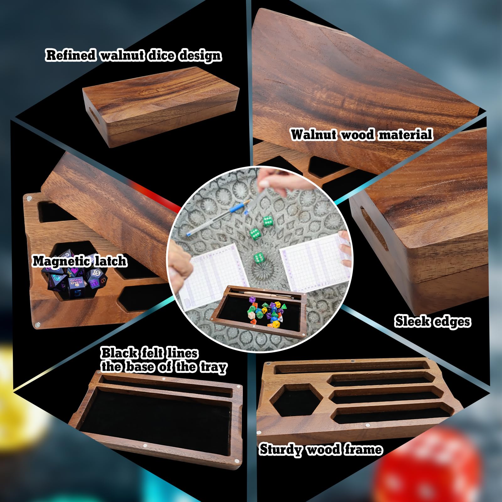 Walnuss-Würfelbox, 12,2 x 22,9 x 4,1 cm, sichert den Deckel, tragbare Tablett, handgefertigte Würfelablage mit Aufbewahrung, Magnetverschluss und Telefonständer für Tisch-RPG und Brettspiele