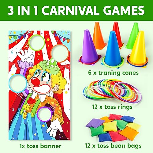 Miniatura 2 de JOYIN 31 juegos de carnaval 3 en 1, juego de patio de lanzamiento de anillos de Pascua, bolsas de frijoles, conos, juguetes al aire libre para niños