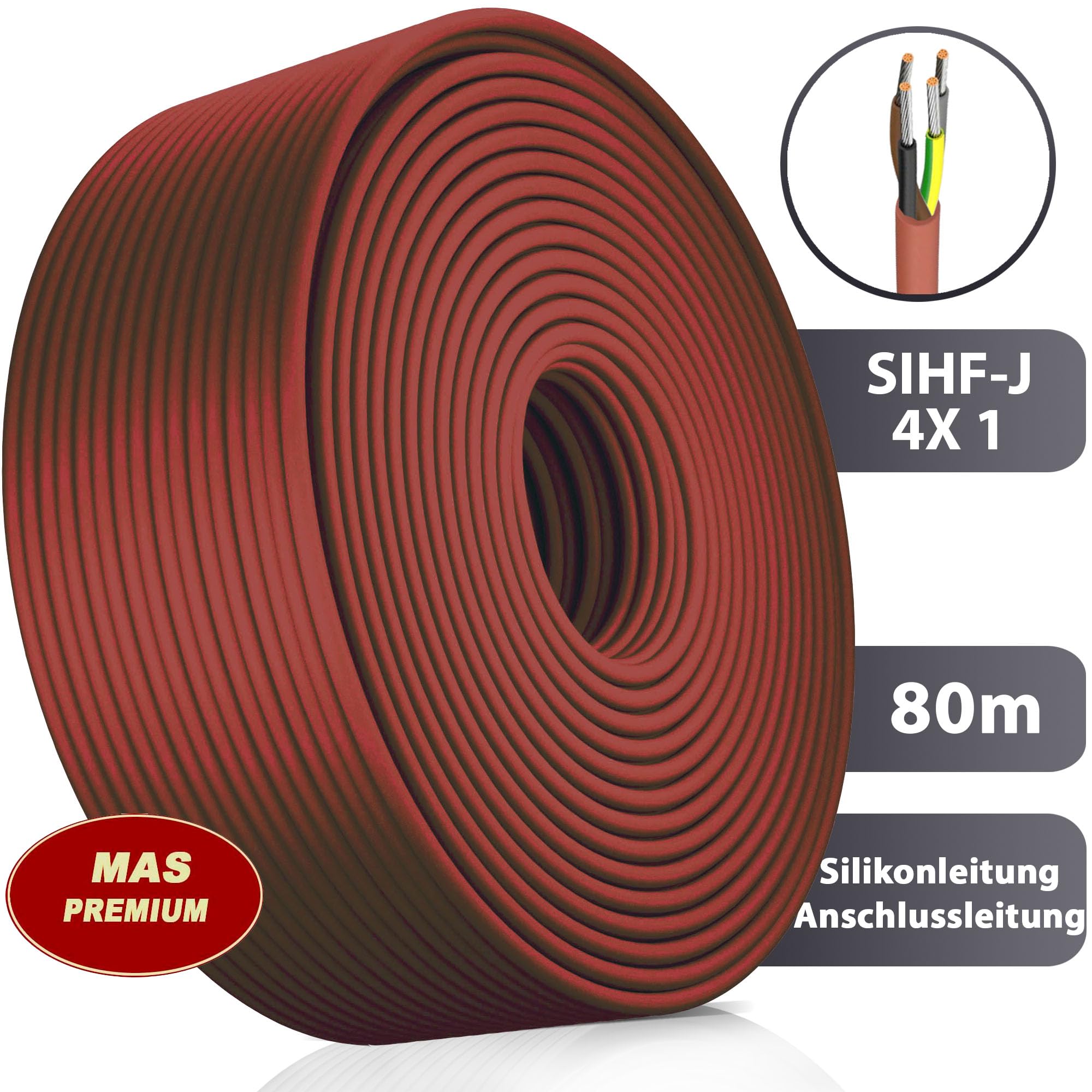 MAS Premium - Cable de conexión de silicona de 5 a 250 m para sauna SIHF-J - 4 hilos finos - Flexible para dispositivos de alta temperatura (80 m)