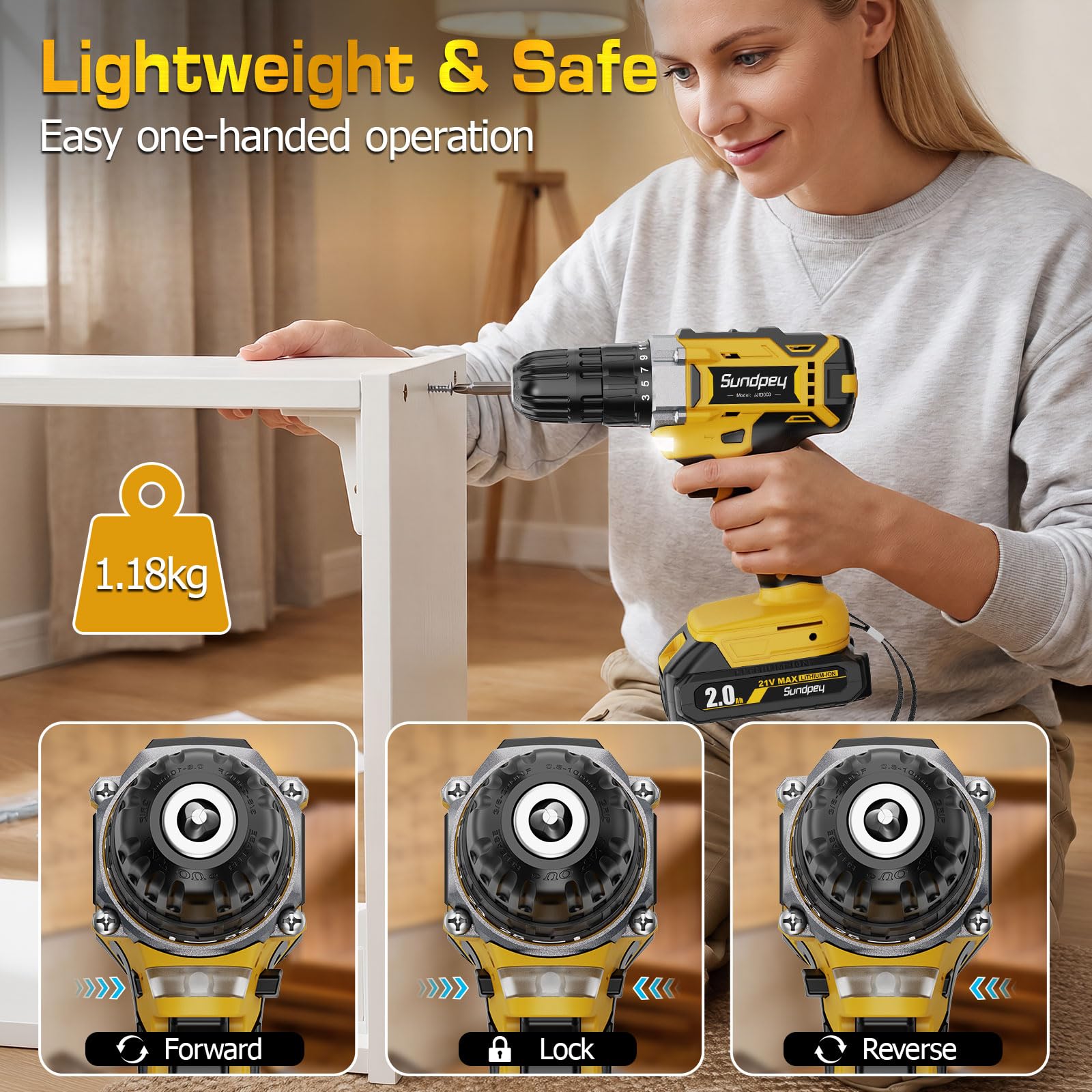 Sundpey Set trapano elettrico senza fili 21V con batterie 2.0Ah, coppia 18+1, max 45N.m