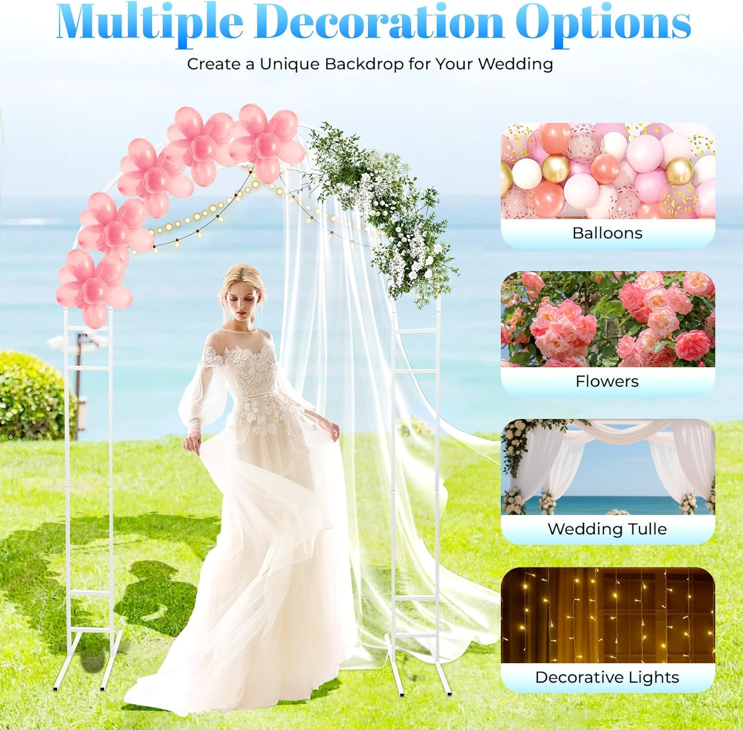 Metal Wedding Arch, 7.2Ft Modern Pergola Arbor with Base, Garden Arch Trellis Elegant Outdoor Wedding Arches, Backdrop Arch Stand Decoration, for Climbing Plant, Party Decoration