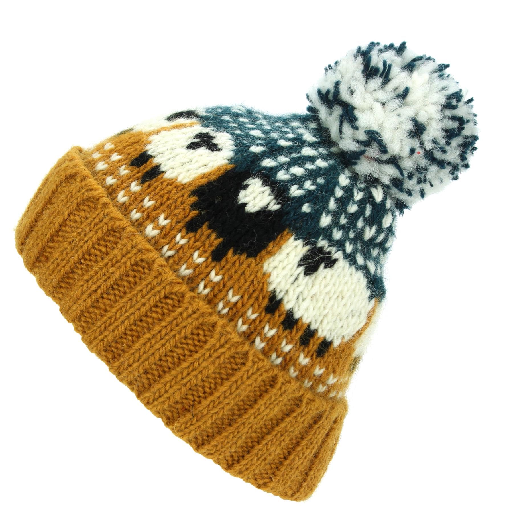 Loudelephant Orange Teal Hand Knitted Wool Beanie Bobble Hat - Sheep