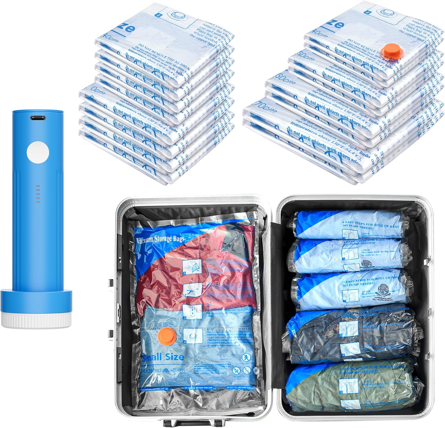 16 Pack Vacuum seal bags for clothing With Coldless Pump, Vacuum Storage Bags,Space Saver Sealer Bags, Pillows, Comforters, Blankets, Bedding,Travel,