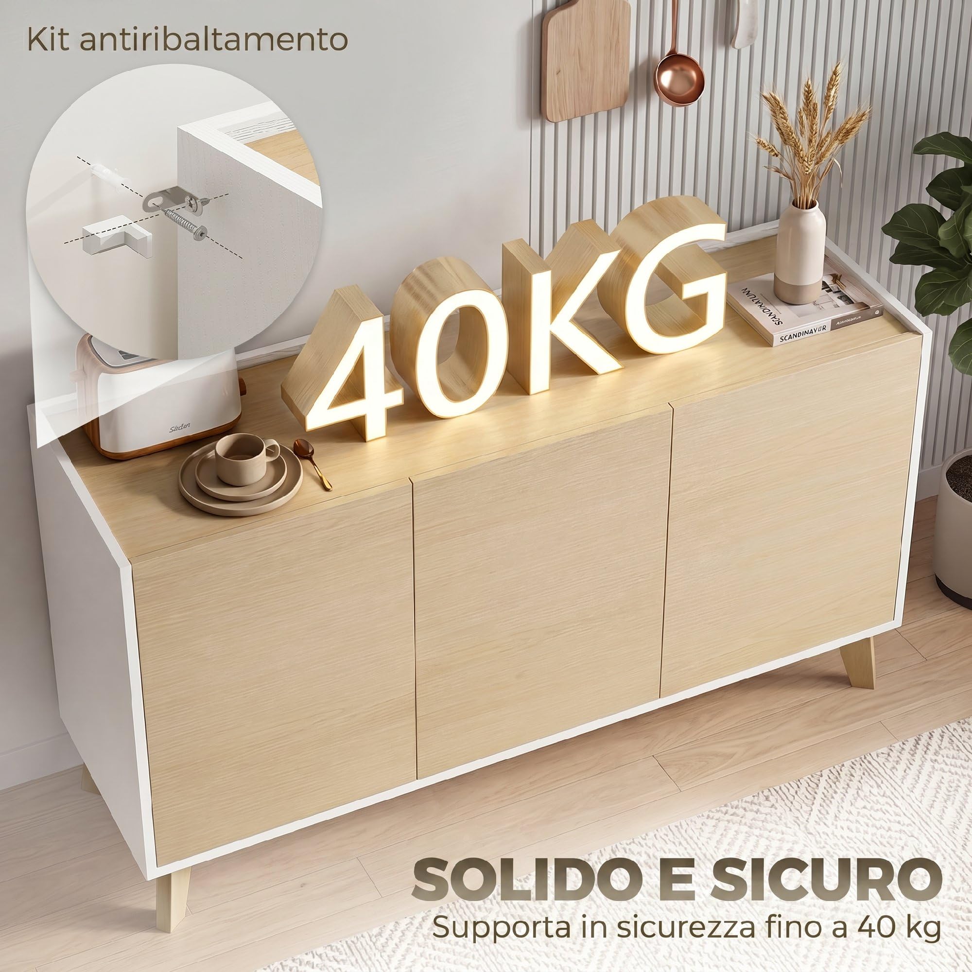 HOMCOM Credenza Cucina, Mobile Cucina con 3 Ante Soft-Close, 6 Scomparti, Base Rialzata, Stile Nordico, Mobile Buffet per Soggiorno, Sala da Pranzo, 120x35x73.5 cm, Color Legno e Bianco