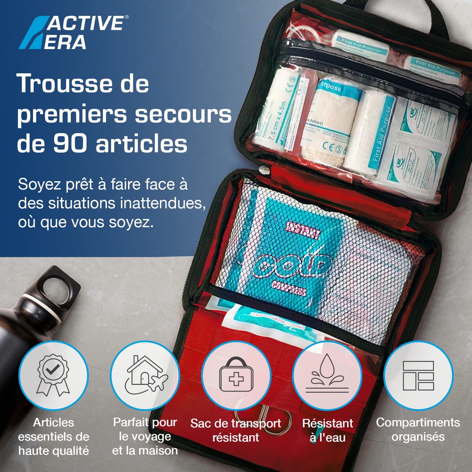 Trousse de Premiers Secours Composée de 90 Articles avec Packs de Froid Instantané, Sérum Physiologique et Couverture de Survie Isothermique