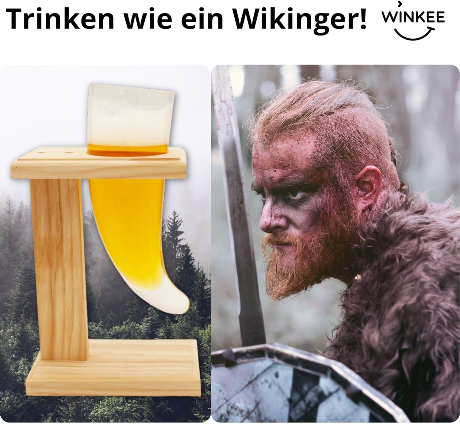 Winkee - Viking Beer Horn | Rustic Glass Design | Ideal for Beer Lovers | Includes Sturdy Wooden Stand