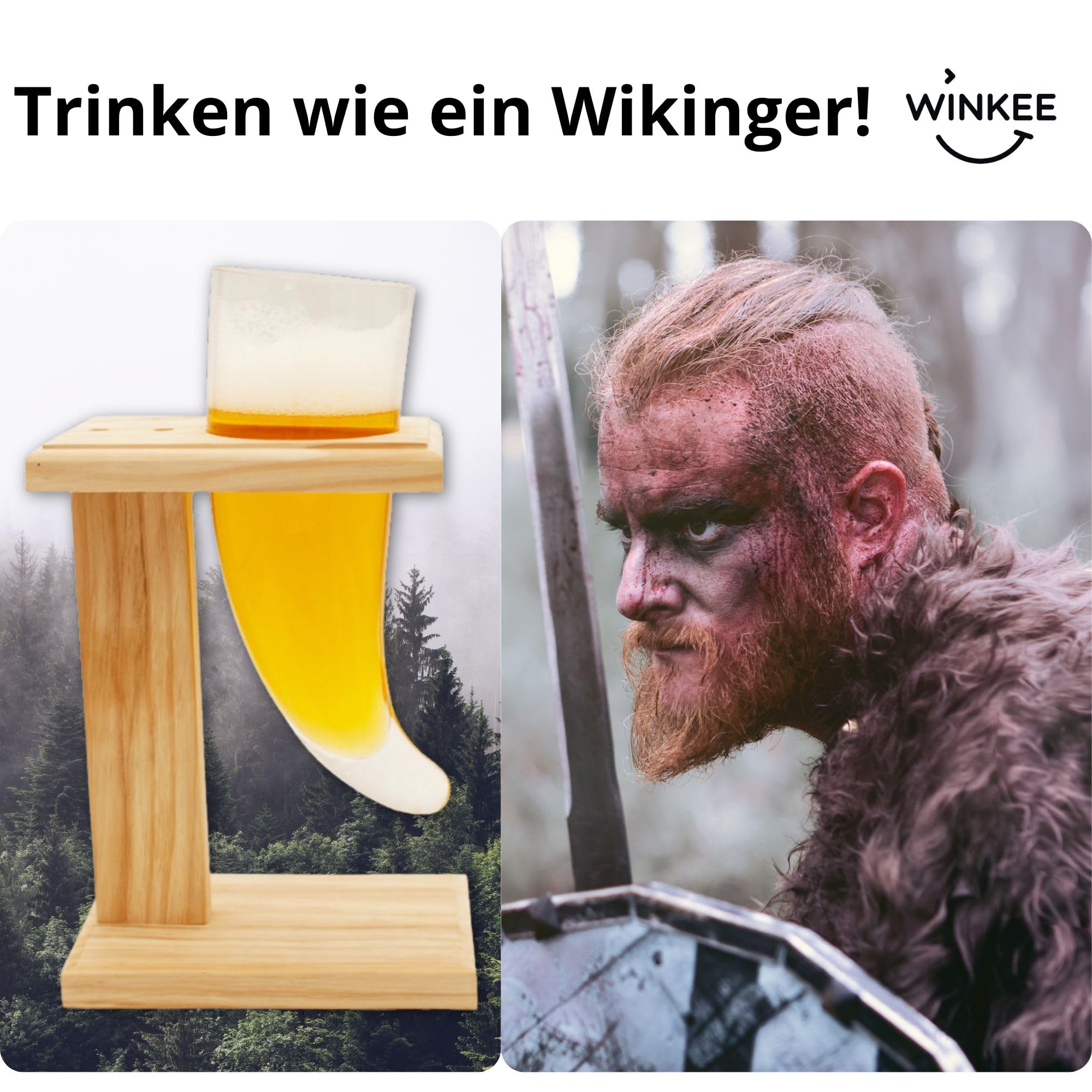 Winkee - Szklanka do piwa – rustykalne szkło, zaprojektowane specjalnie do piwa | idealne rozwiązanie dla miłośników piwa | stabilne drewno – stojak w zestawie