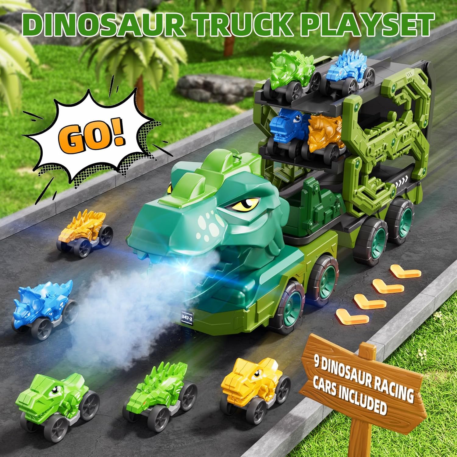 IHAHA 10 in 1 Dinosaur Truck Toys with 9 Dino Cars for Kids 3-5 Years, Dino Carrier Truck with Foldable Track, Spray, Light & Sounds, Birthday Gifts for Toddlers Boys Girls 3 4 5 6 7 8 Years Old