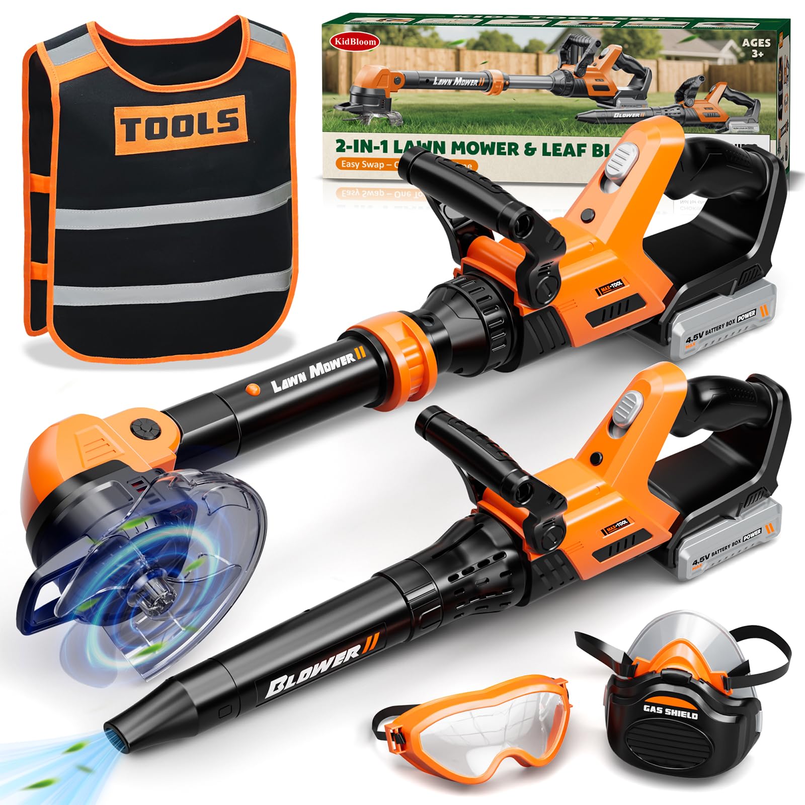 KidBloom 2 in 1 Attrezzi da Lavoro Bambini con Gilet Portautensili, Decespugliatore Giocattolo & Soffiatore Foglie con Suoni, Giochi da Giardino per Bambini, Giochi Bambino 3 Anni