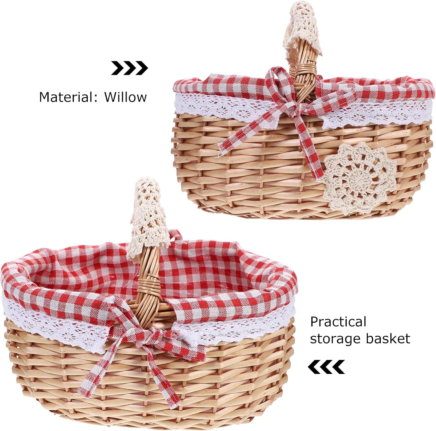 MAGICLULU Woven Picnic Basket with Red Plaid Liner, Oval Willow Shopping Storage Baskets with Handle, Small Country Style Hamper for Outdoor Camping & Party, 10.22 x 7.07 x 7.86 Inch