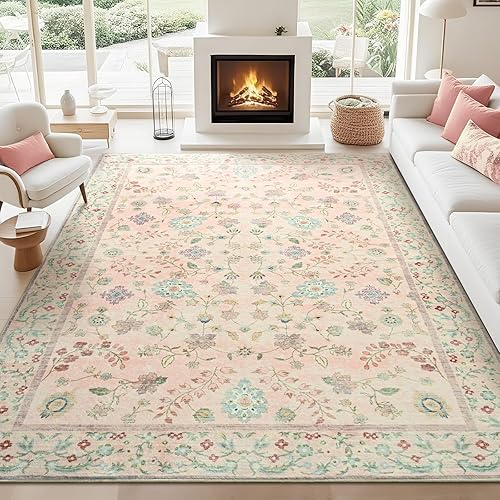 Pink Rugs for Living Room, 5x7 Washable Boho Floral Area Rug for Bedroom, Soft Low Pile Thin Indoor Non Slip Carpet for Kitchen Dining Room, Large Throw Carpets for Kids Nursery Office Dorm Home Decor