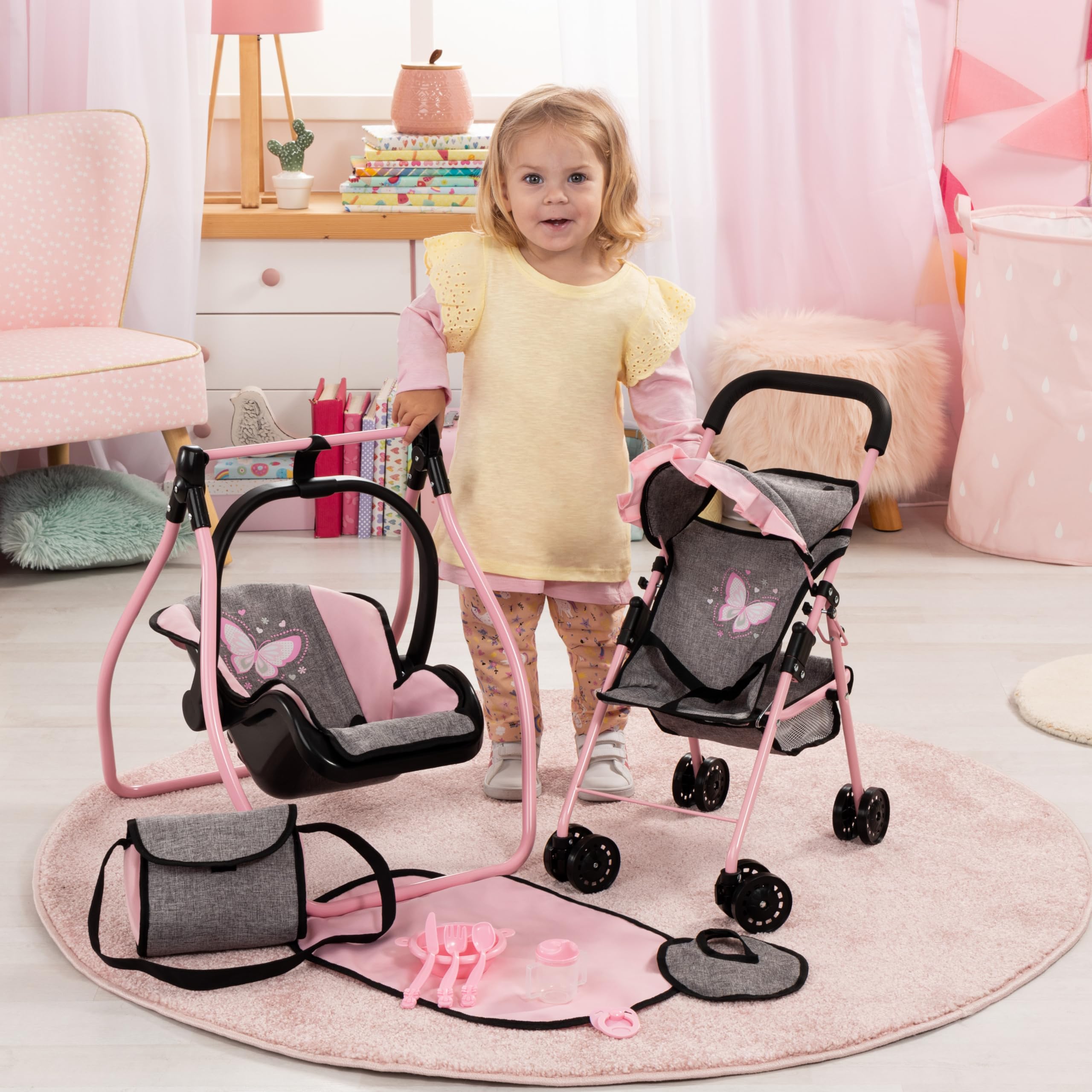 Bayer Design 21533AC Faltbarer Puppenbuggy mit Dach, Doppelräder, Tasche, Wickelunterlage, Wiege, Zubehör, Jeans-grau, Rosa | Doppelräder, zusammenklappbar, für Rollenspiele geeignet