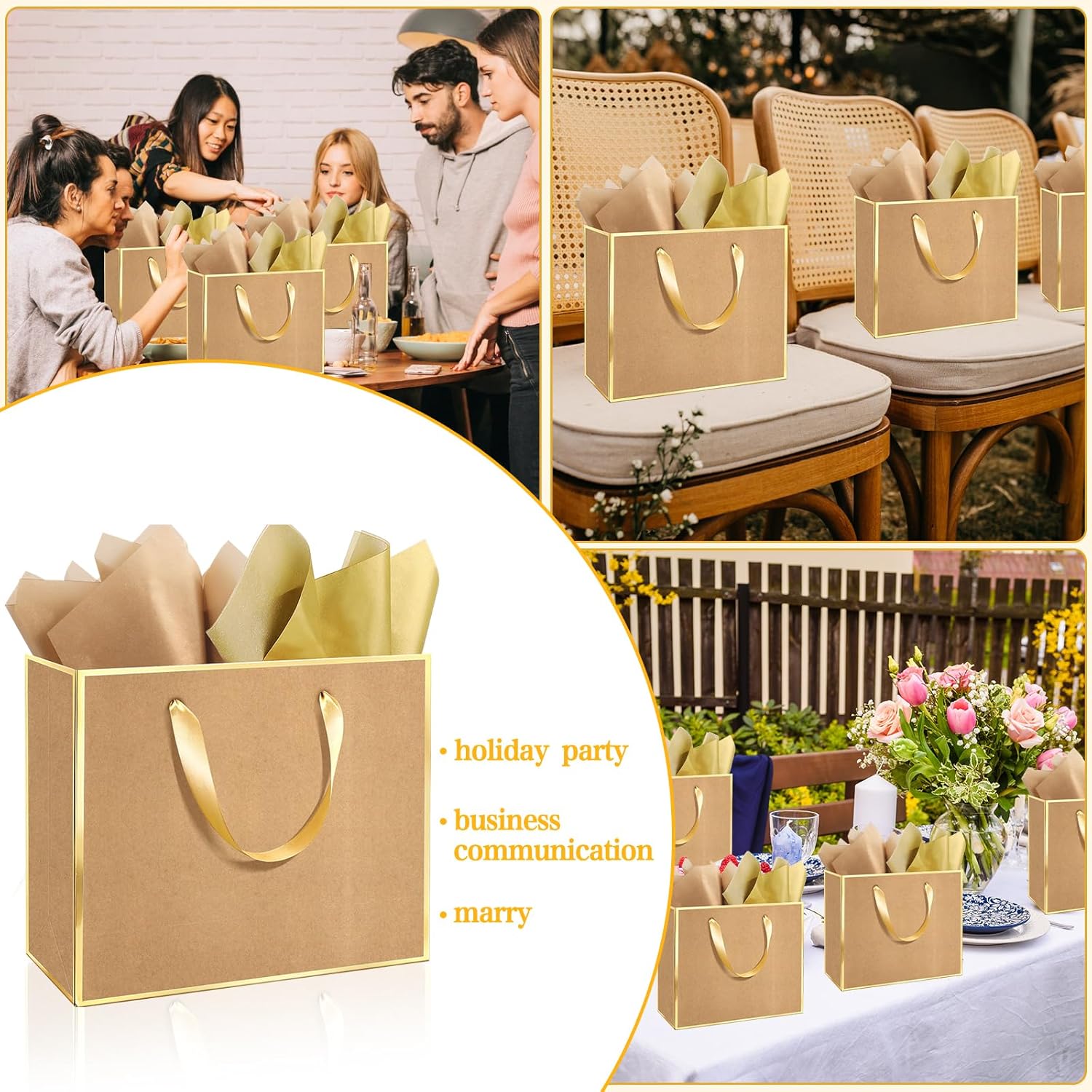 Epoesch 12 Pack Fancy Brown Gift Bags with Handles and 24 Tissue Paper, Medium Size11.8"x10"x4" Inch for Birthdays, Weddings, Party Shopping, Corporate Gifts, Valentine's Day, Holiday (Kraft Gold) - Image 6