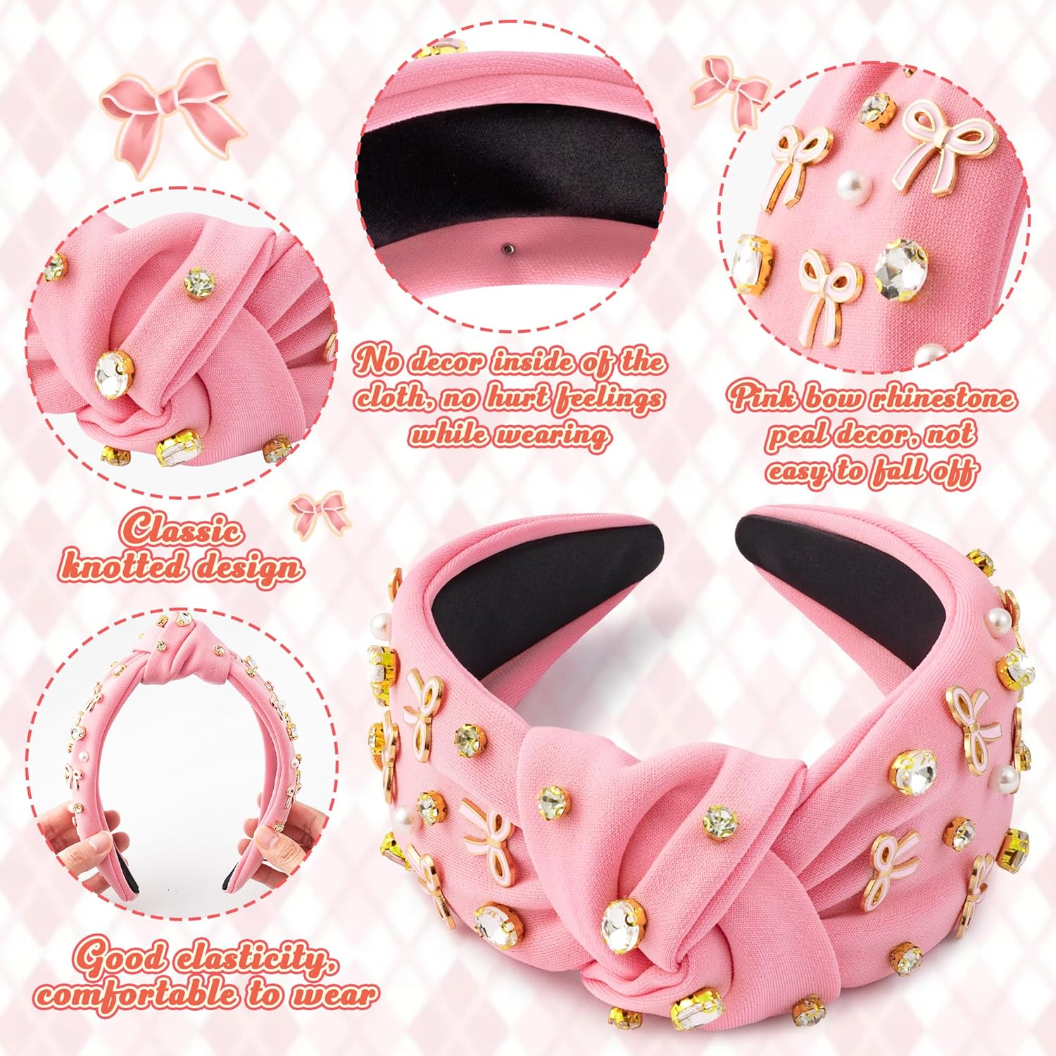 PANTIDE Coquette Pink Bow Jeweled Knotted Headband - Rhinestone Crystal Pearl Embellished Preppy Trendy Headband Wide Top Knot Non Slip Fashion Hair Accessories Birthday Gift for Women Girls (Pink) - Image 3