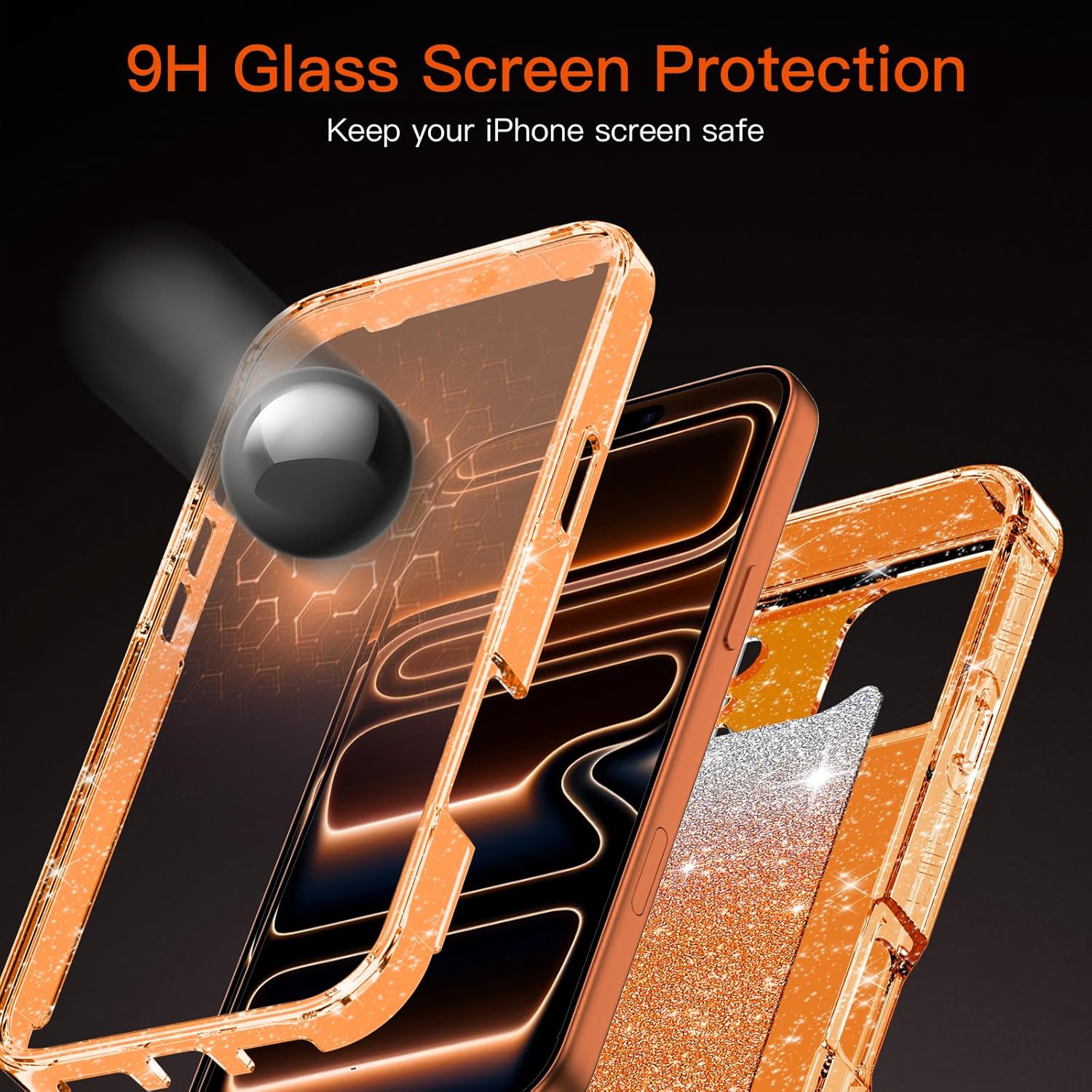 for iPhone 17 Pro Max Case,[Magnetic Stand][Fit for MagSafe][Glitter Card][Built-in 9H+ Screen Protector] Military-Grade Drop Proof Shiny Cover for Apple iPhone 17 Pro Max,Glitter Orange