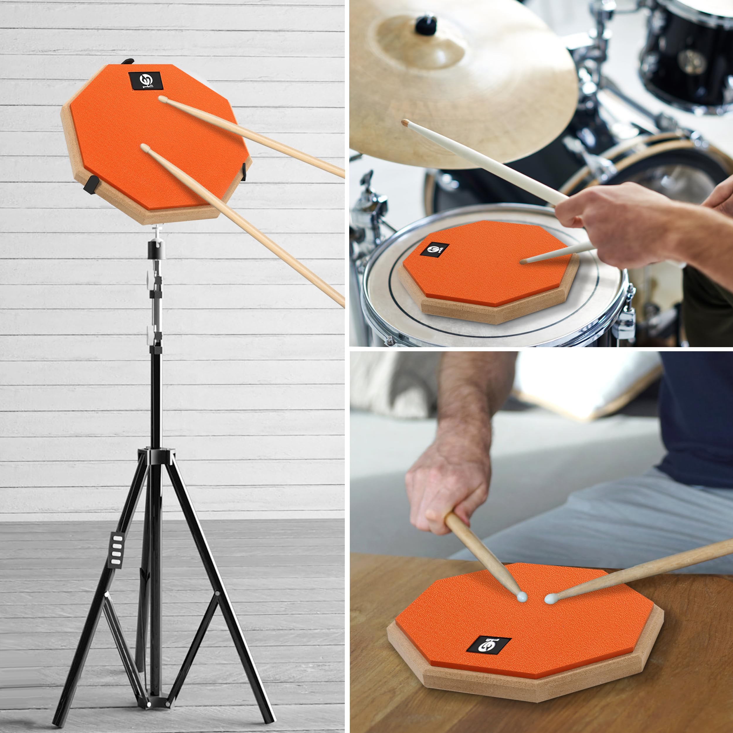 Pad per Allenamento Batterie da 8 Pollici Tappetino per Batterie Silenzioso in Gomma con Base in Legno per Batteristi Principianti Arancione