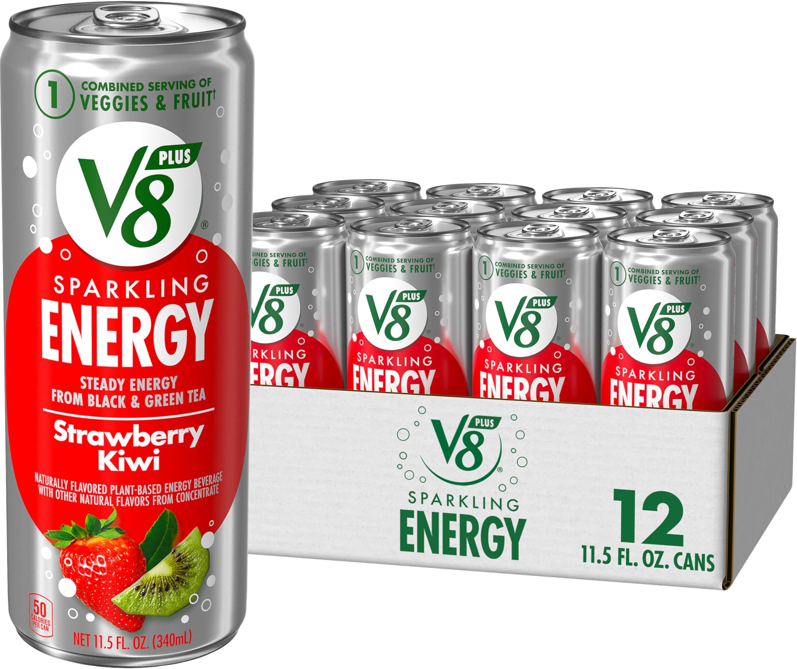 V8 +SPARKLING ENERGY Strawberry Kiwi Energy Drink, Made With Real Vegetable And Fruit Juices, 11.5 FL OZ Can (Pack Of 12)