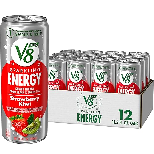V8 +SPARKLING ENERGY Strawberry Kiwi Energy Drink, elaborada con auténticos zumos de verduras y frutas, lata de 11.5 onzas líquidas (paquete de 12)