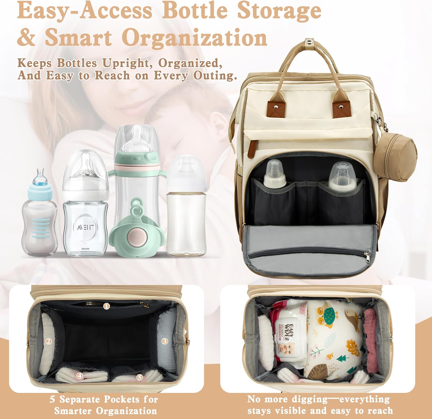 Diaper Bag Backpack for New Parents, Large Capacity Baby Travel Bag with Bottle Holders, Multiple Compartments (Khaki Brown)